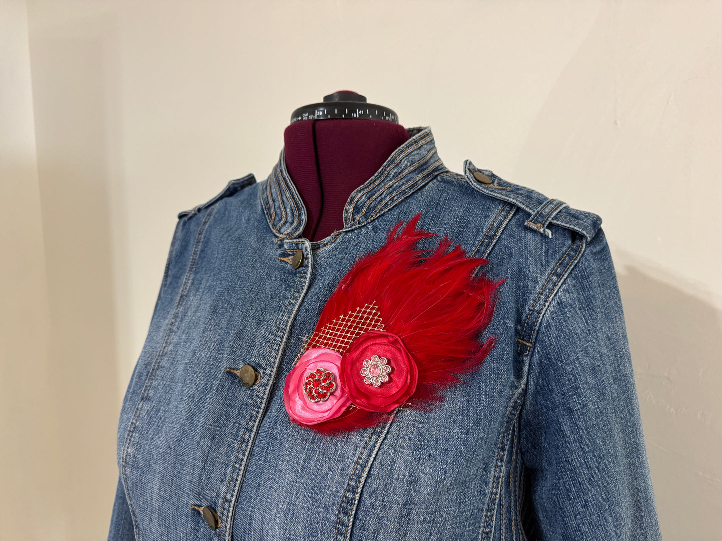 Feather Art Embellished Statement Pin in Red & Pink