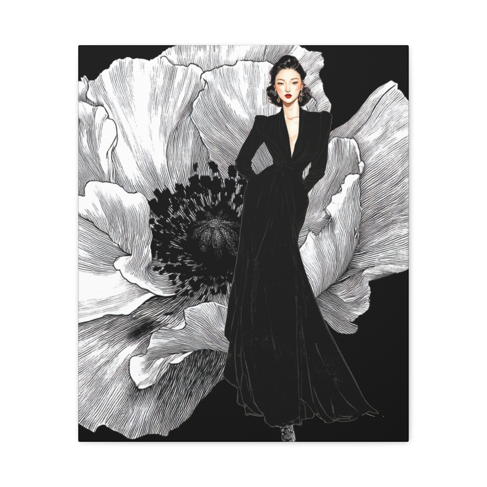 Vintage Lady Series No 6 - Elegant Woman in Black Velvet Gown on a Matte Canvas