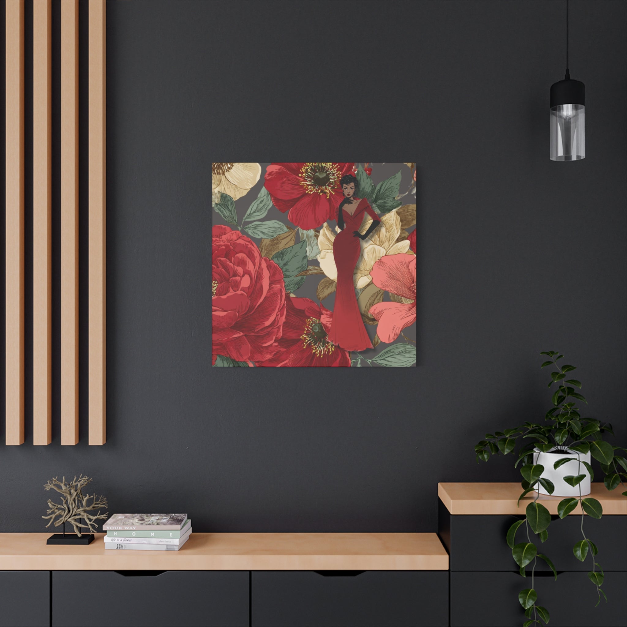 Vintage Lady Series No3 - Woman in Red Velvet Gown Canvas | Floral Illustration Matte Stretched