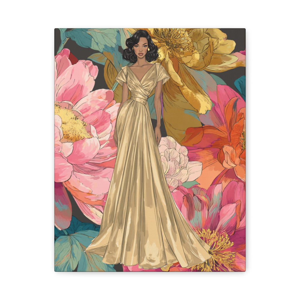 Vintage Lady Series No 2 - Woman in Gold Gown Canvas | Floral Illustration Matte Stretched