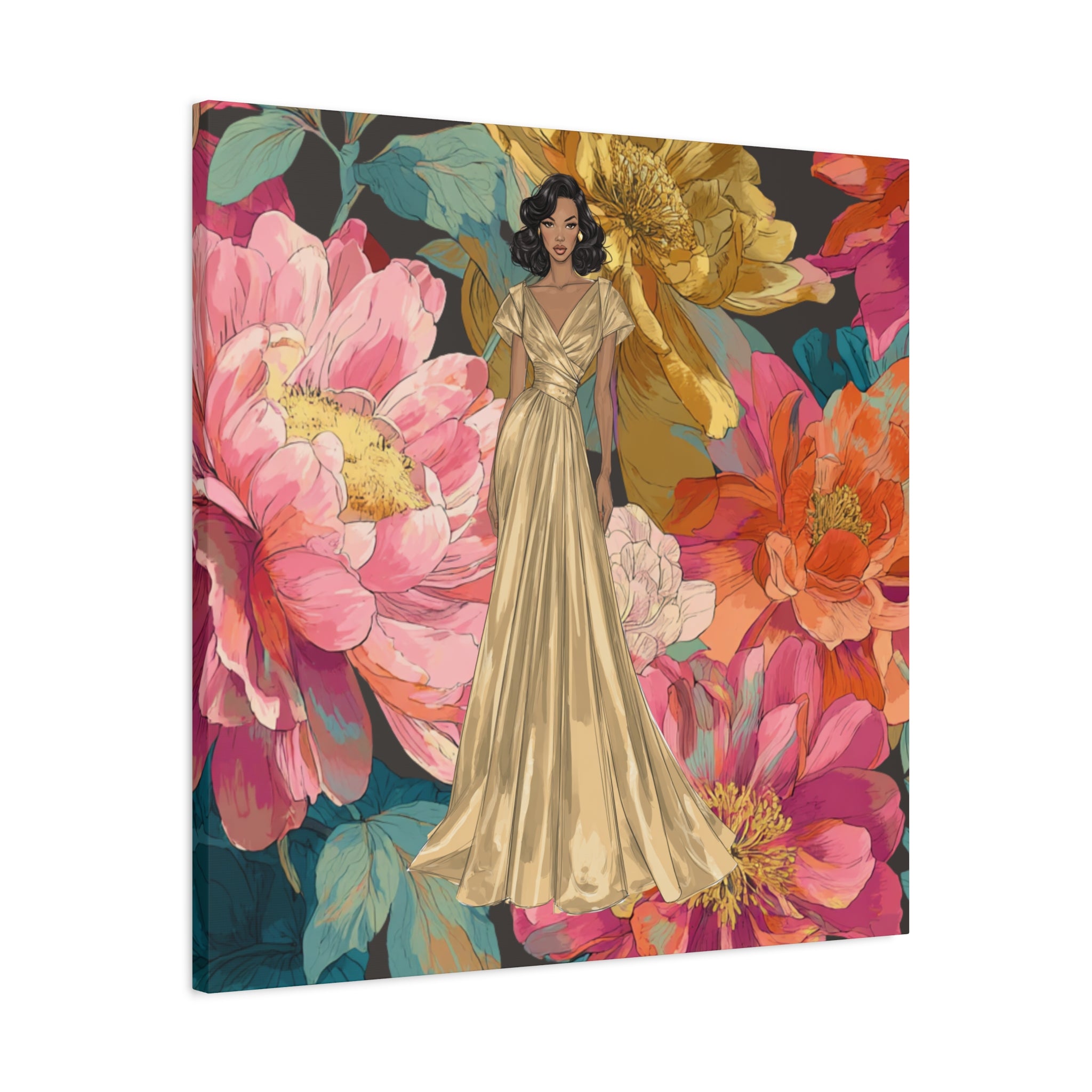Vintage Lady Series No 2 - Woman in Gold Gown Canvas | Floral Illustration Matte Stretched