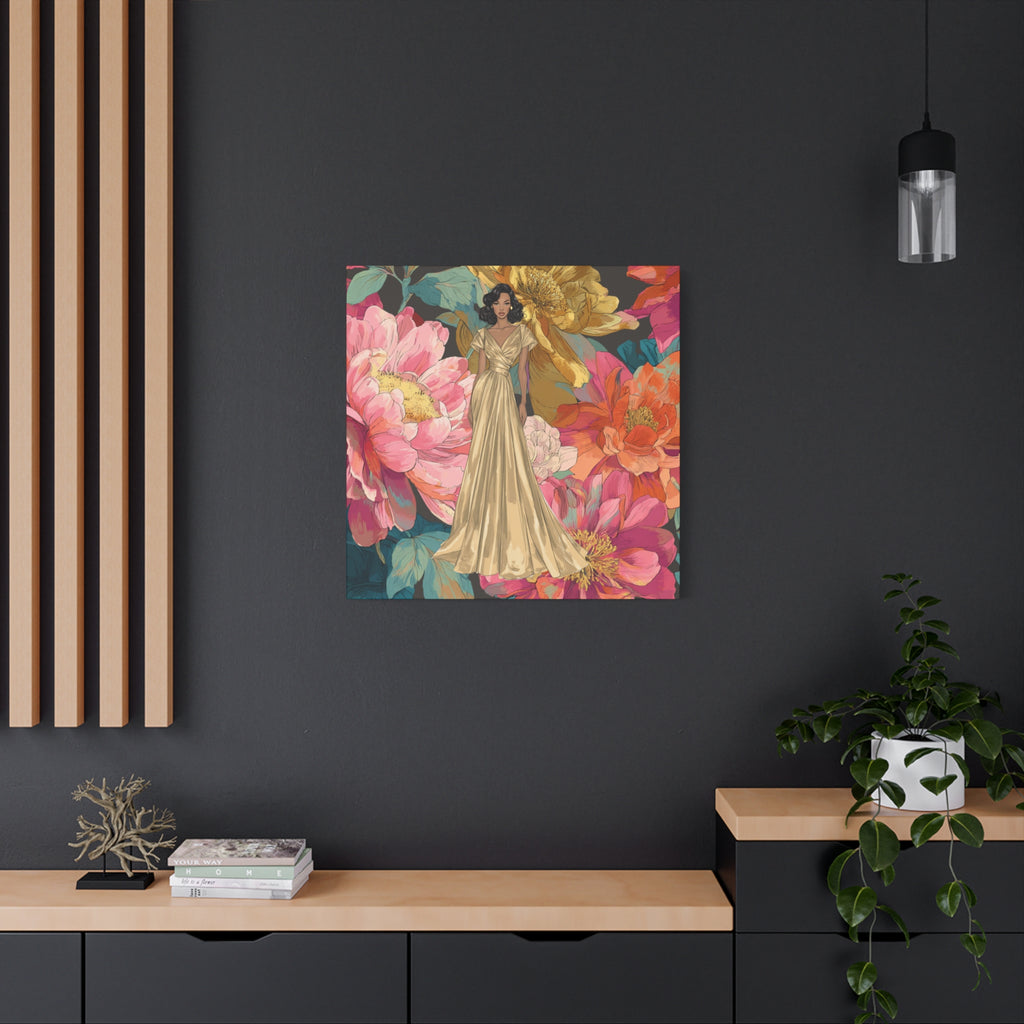 Vintage Lady Series No 2 - Woman in Gold Gown Canvas | Floral Illustration Matte Stretched