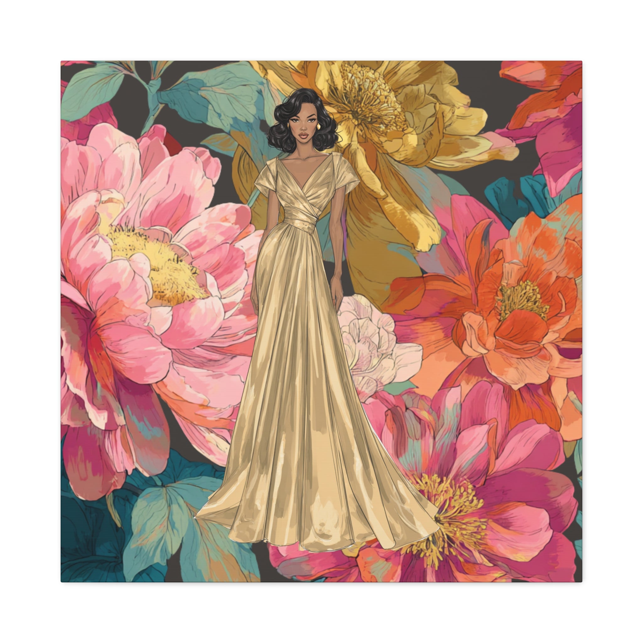 Vintage Lady Series No 2 - Woman in Gold Gown Canvas | Floral Illustration Matte Stretched