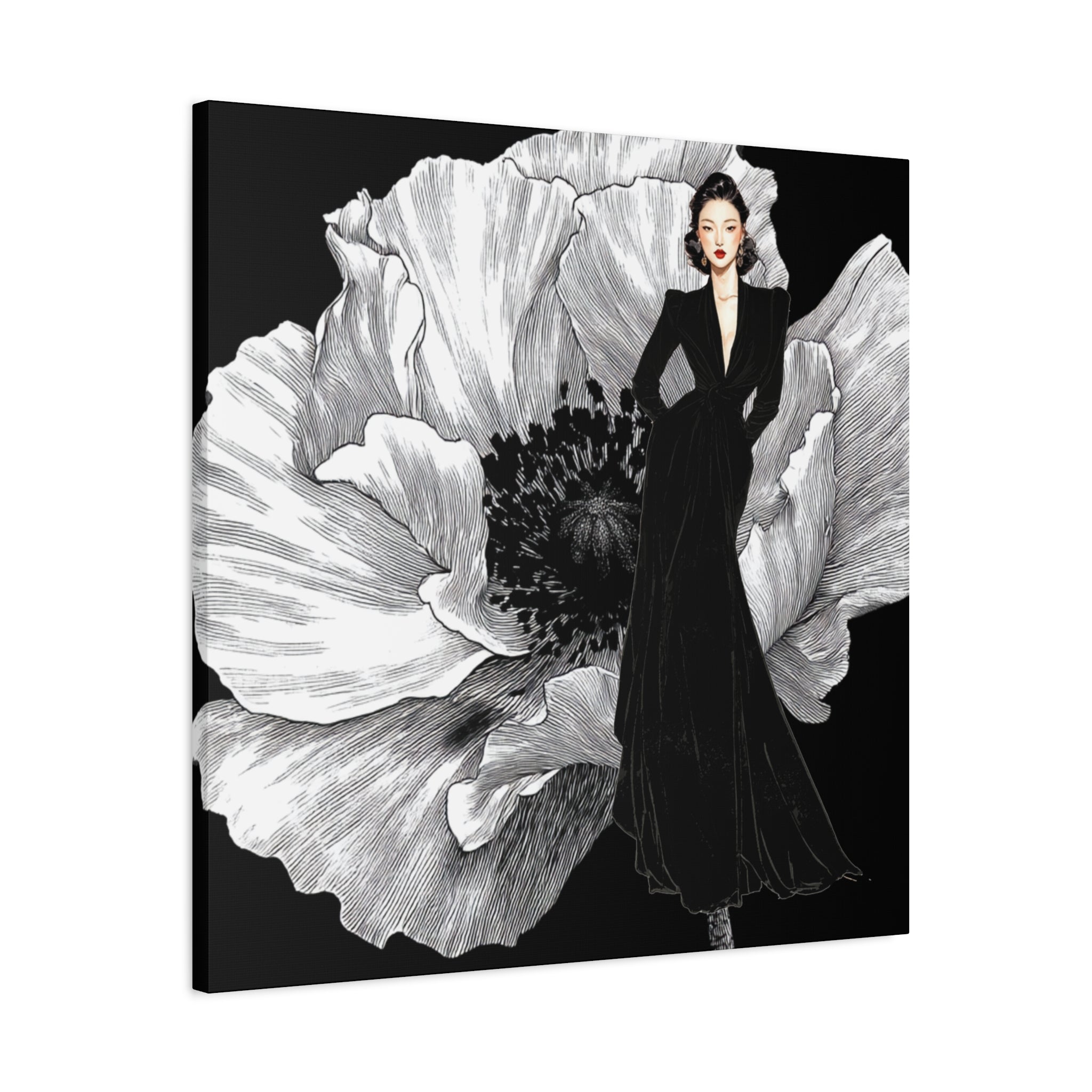 Vintage Lady Series No 6 - Elegant Woman in Black Velvet Gown on a Matte Canvas