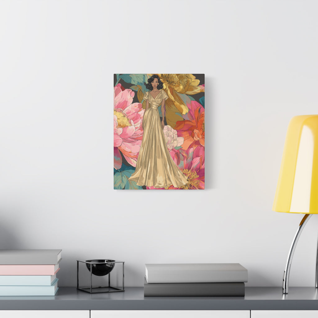 Vintage Lady Series No 2 - Woman in Gold Gown Canvas | Floral Illustration Matte Stretched