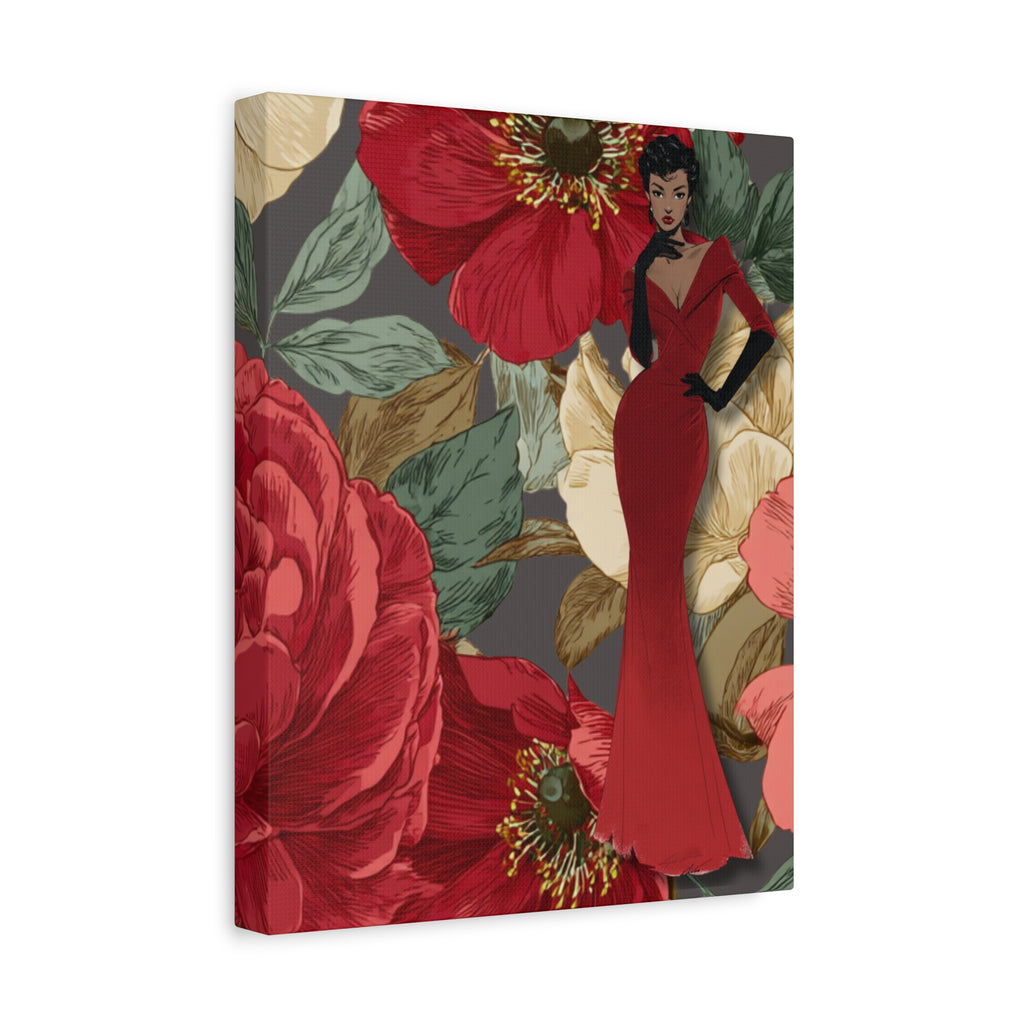 Vintage Lady Series No3 - Woman in Red Velvet Gown Canvas | Floral Illustration Matte Stretched