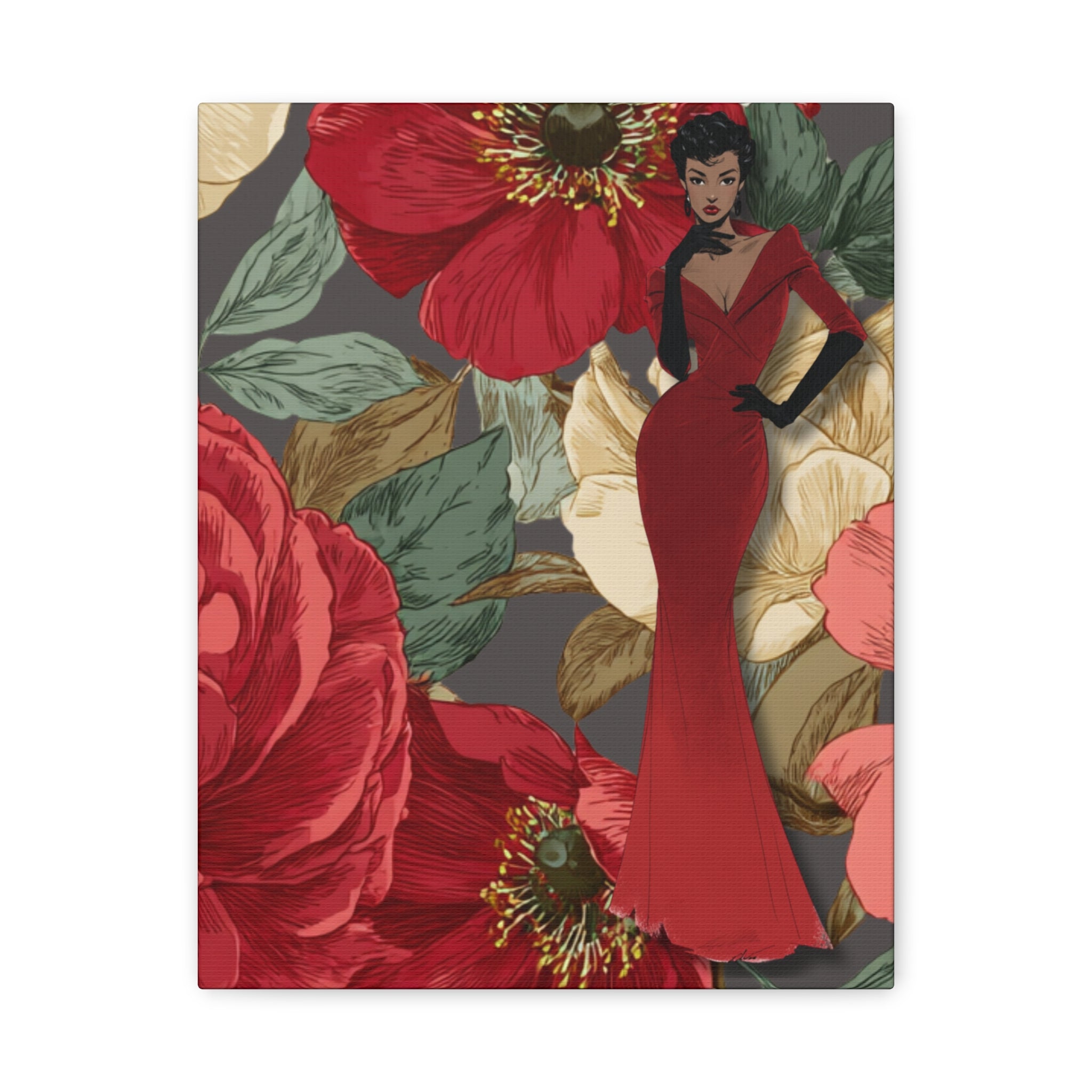 Vintage Lady Series No3 - Woman in Red Velvet Gown Canvas | Floral Illustration Matte Stretched