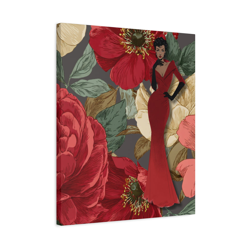 Vintage Lady Series No3 - Woman in Red Velvet Gown Canvas | Floral Illustration Matte Stretched
