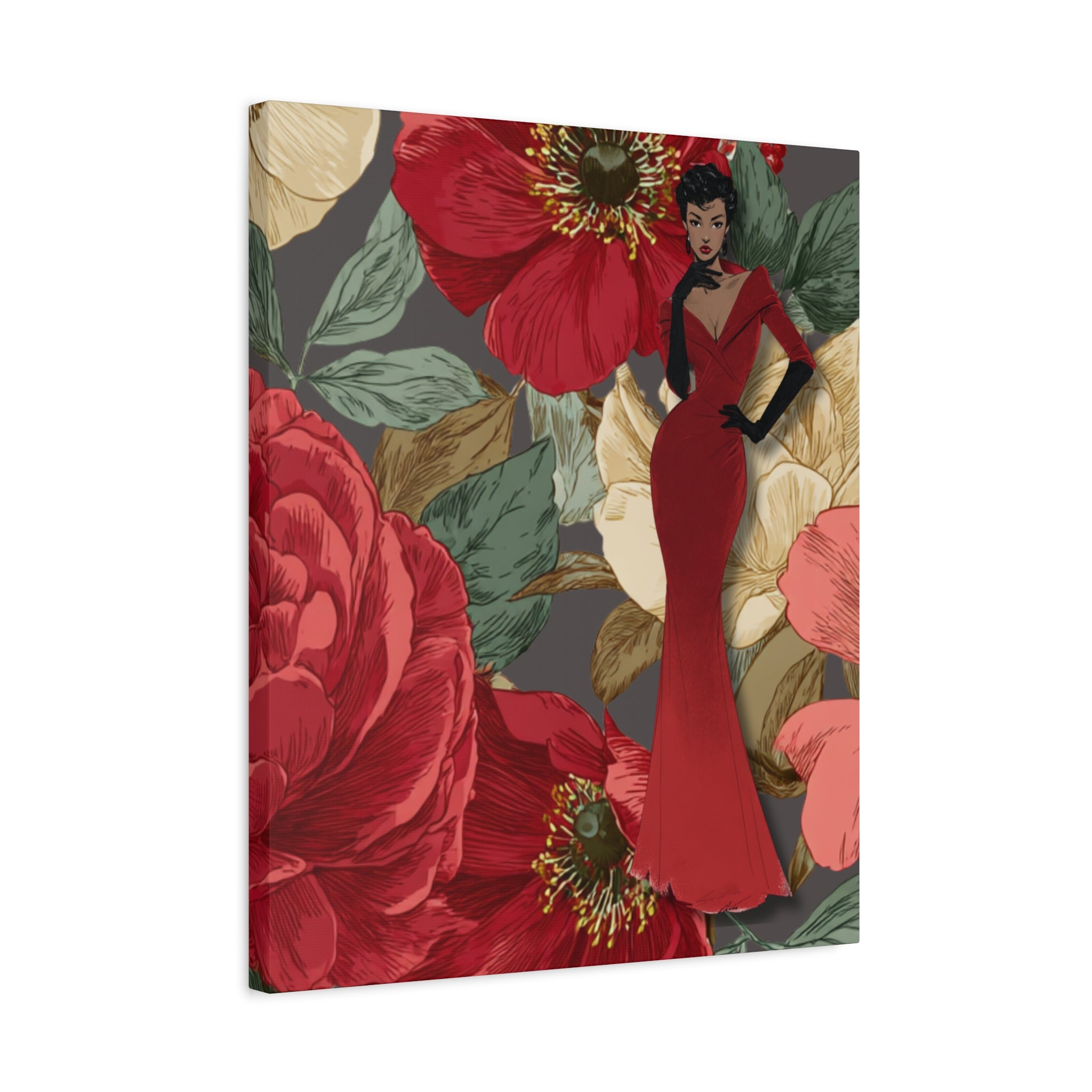 Vintage Lady Series No3 - Woman in Red Velvet Gown Canvas | Floral Illustration Matte Stretched