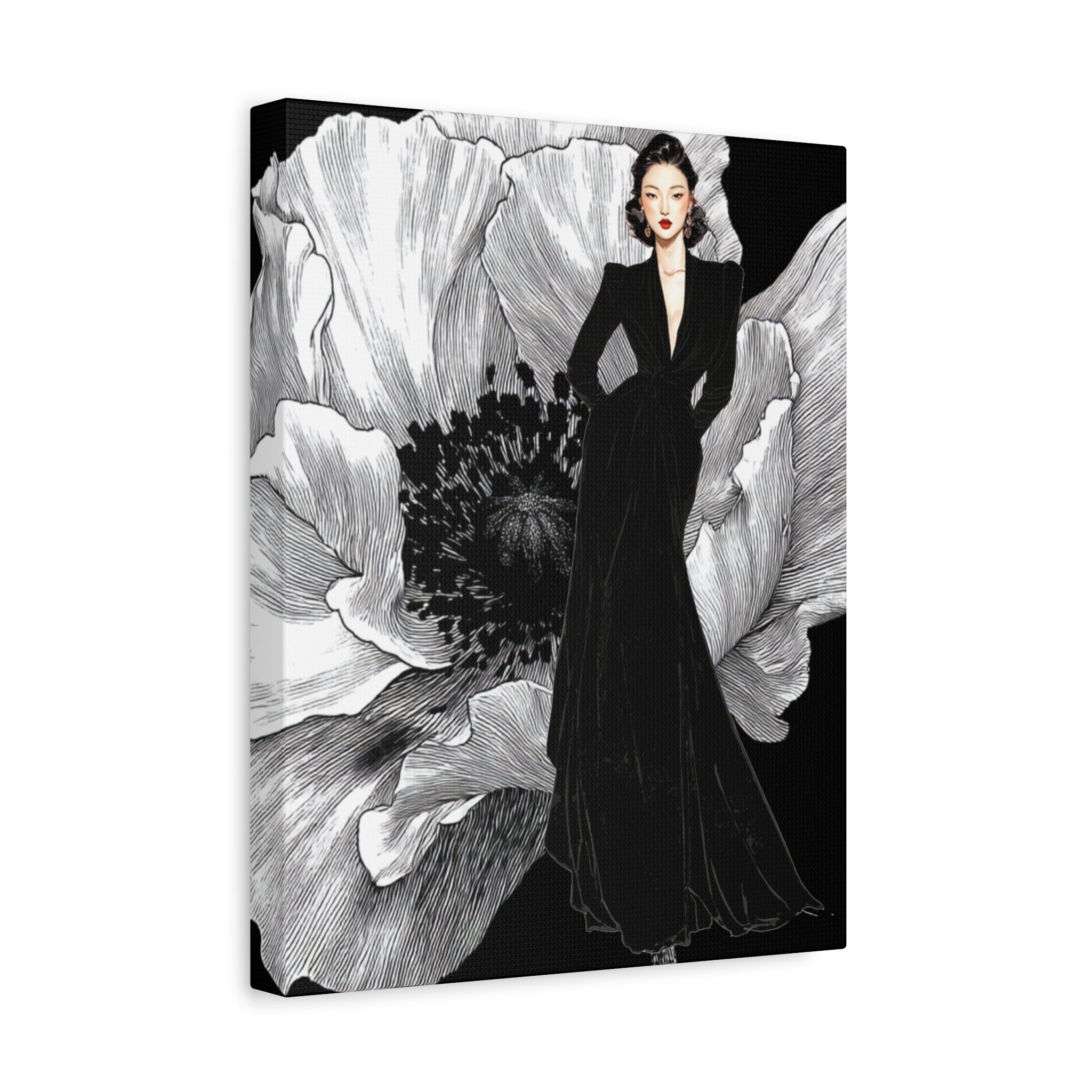 Vintage Lady Series No 6 - Elegant Woman in Black Velvet Gown on a Matte Canvas