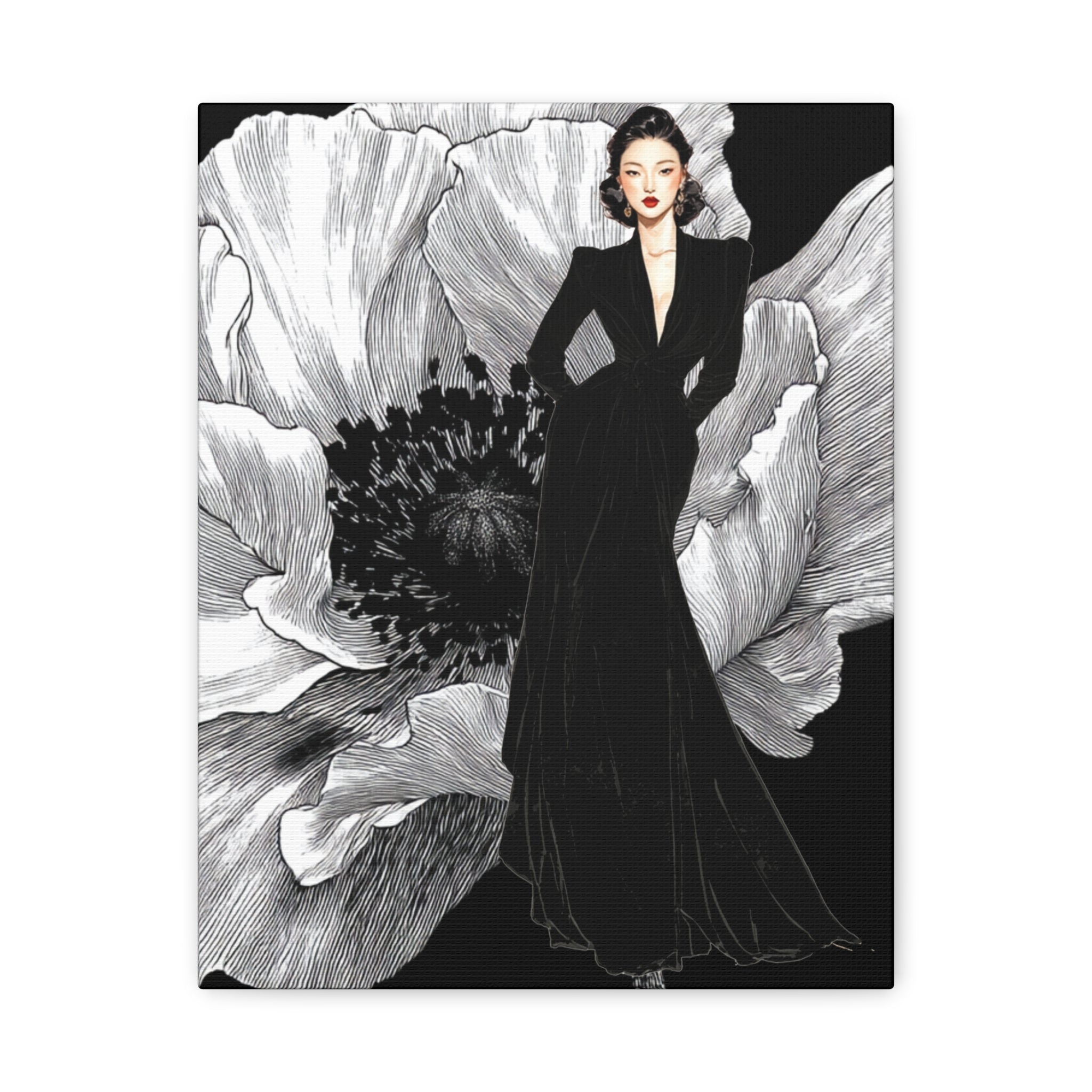 Vintage Lady Series No 6 - Elegant Woman in Black Velvet Gown on a Matte Canvas