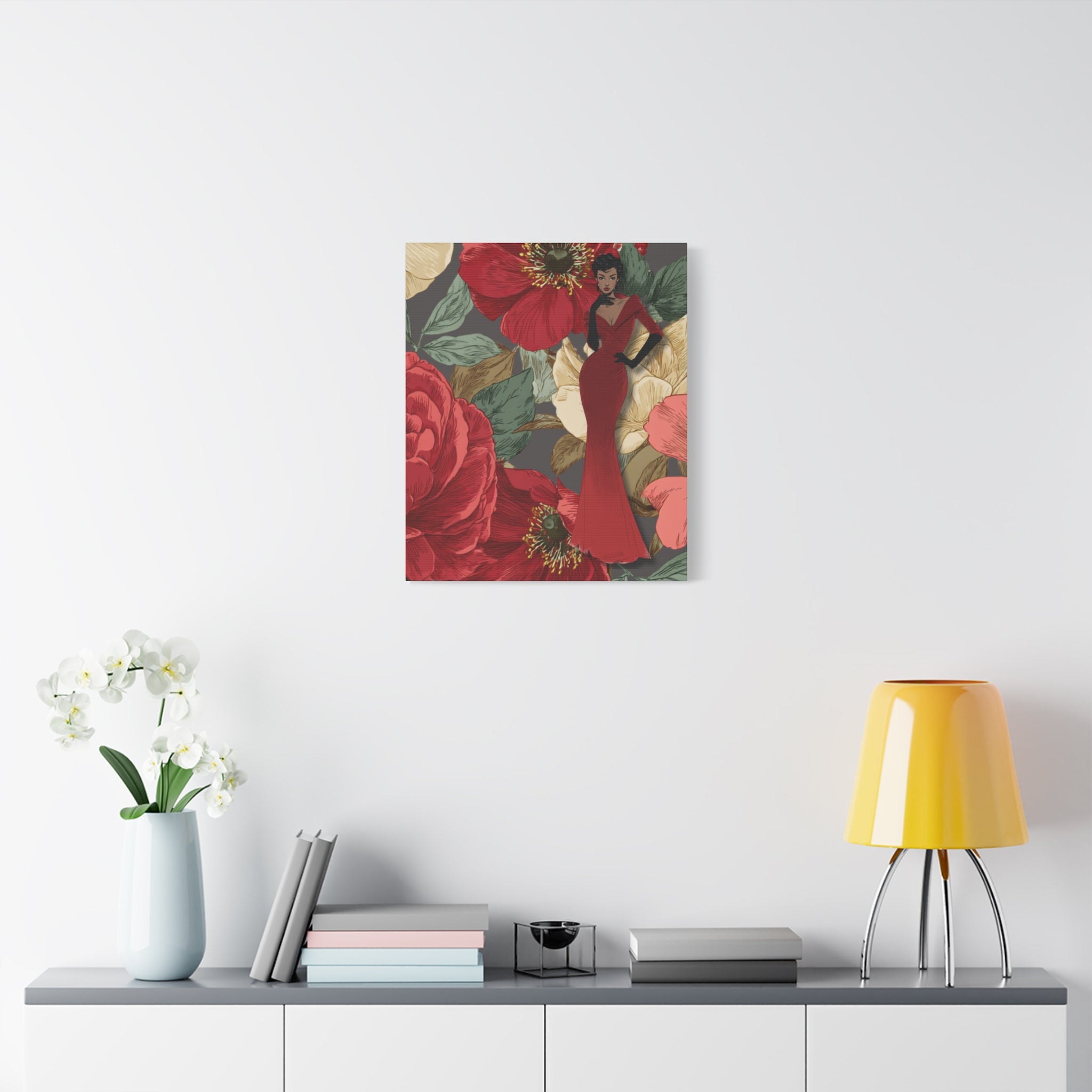 Vintage Lady Series No3 - Woman in Red Velvet Gown Canvas | Floral Illustration Matte Stretched