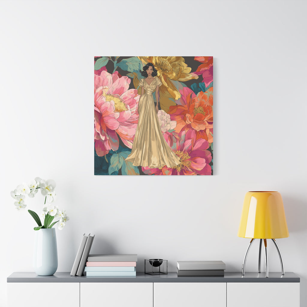 Vintage Lady Series No 2 - Woman in Gold Gown Canvas | Floral Illustration Matte Stretched