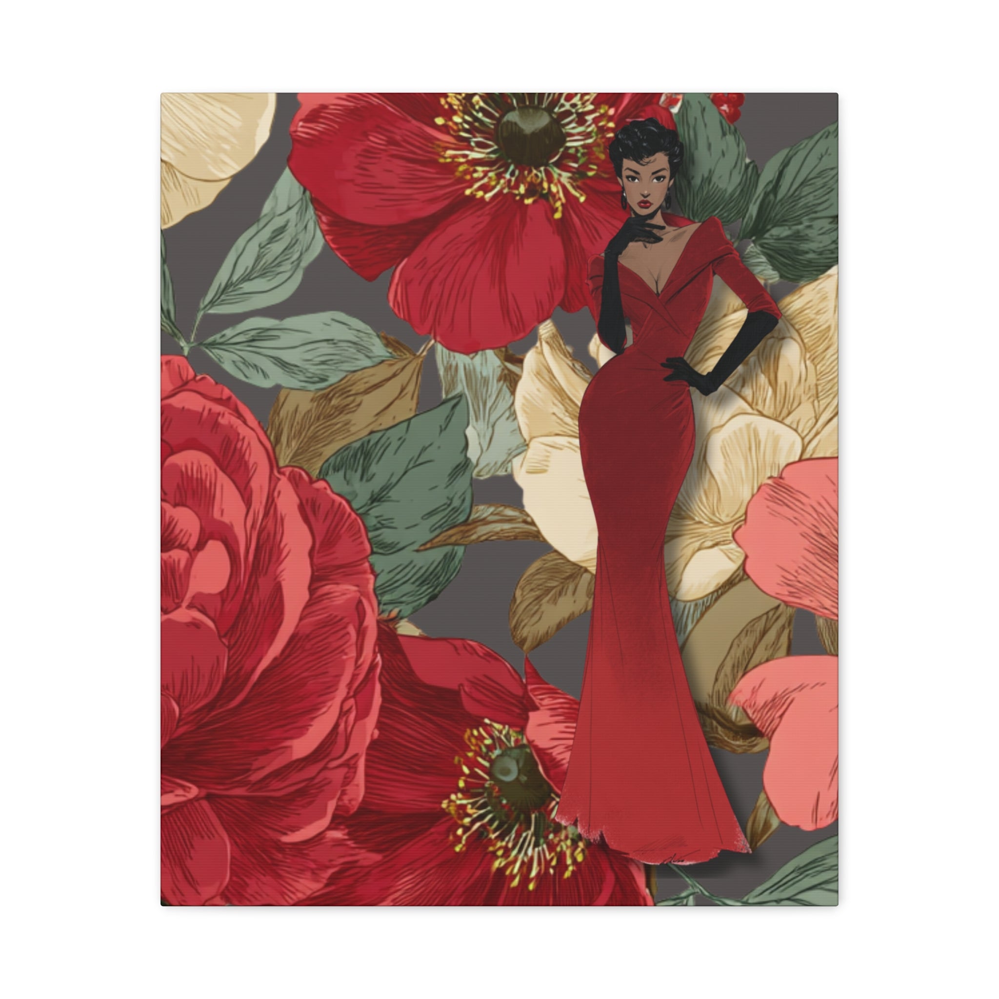 Vintage Lady Series No3 - Woman in Red Velvet Gown Canvas | Floral Illustration Matte Stretched