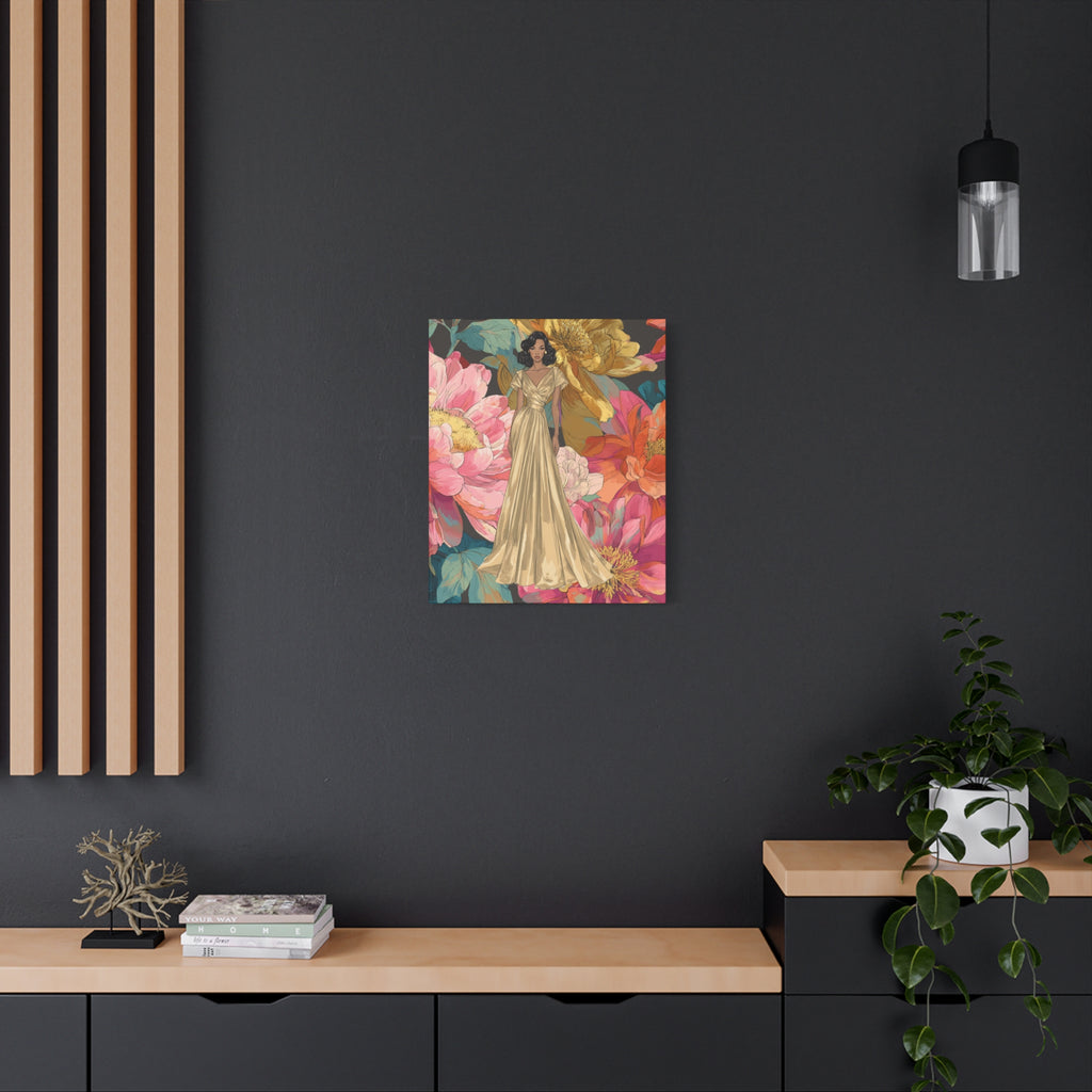Vintage Lady Series No 2 - Woman in Gold Gown Canvas | Floral Illustration Matte Stretched