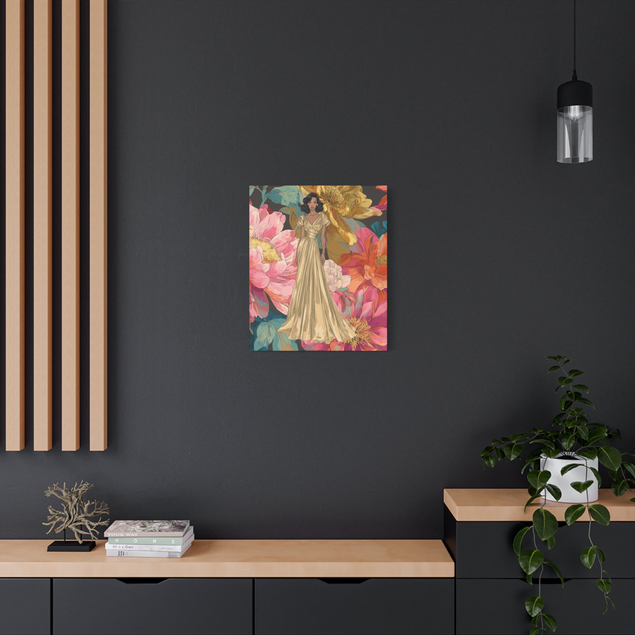 Vintage Lady Series No 2 - Woman in Gold Gown Canvas | Floral Illustration Matte Stretched