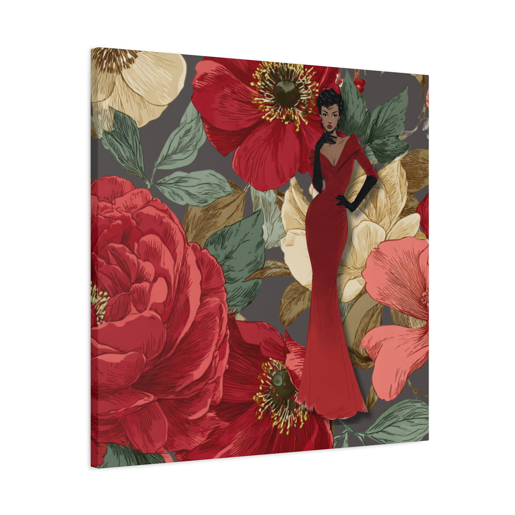 Vintage Lady Series No3 - Woman in Red Velvet Gown Canvas | Floral Illustration Matte Stretched