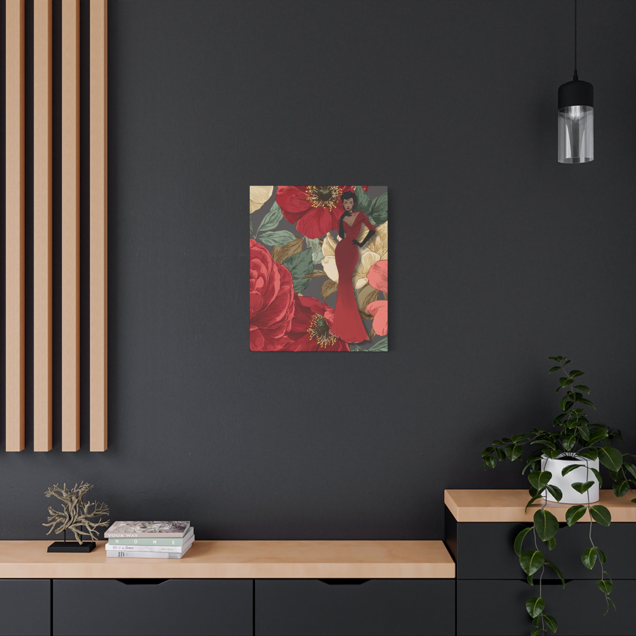 Vintage Lady Series No3 - Woman in Red Velvet Gown Canvas | Floral Illustration Matte Stretched