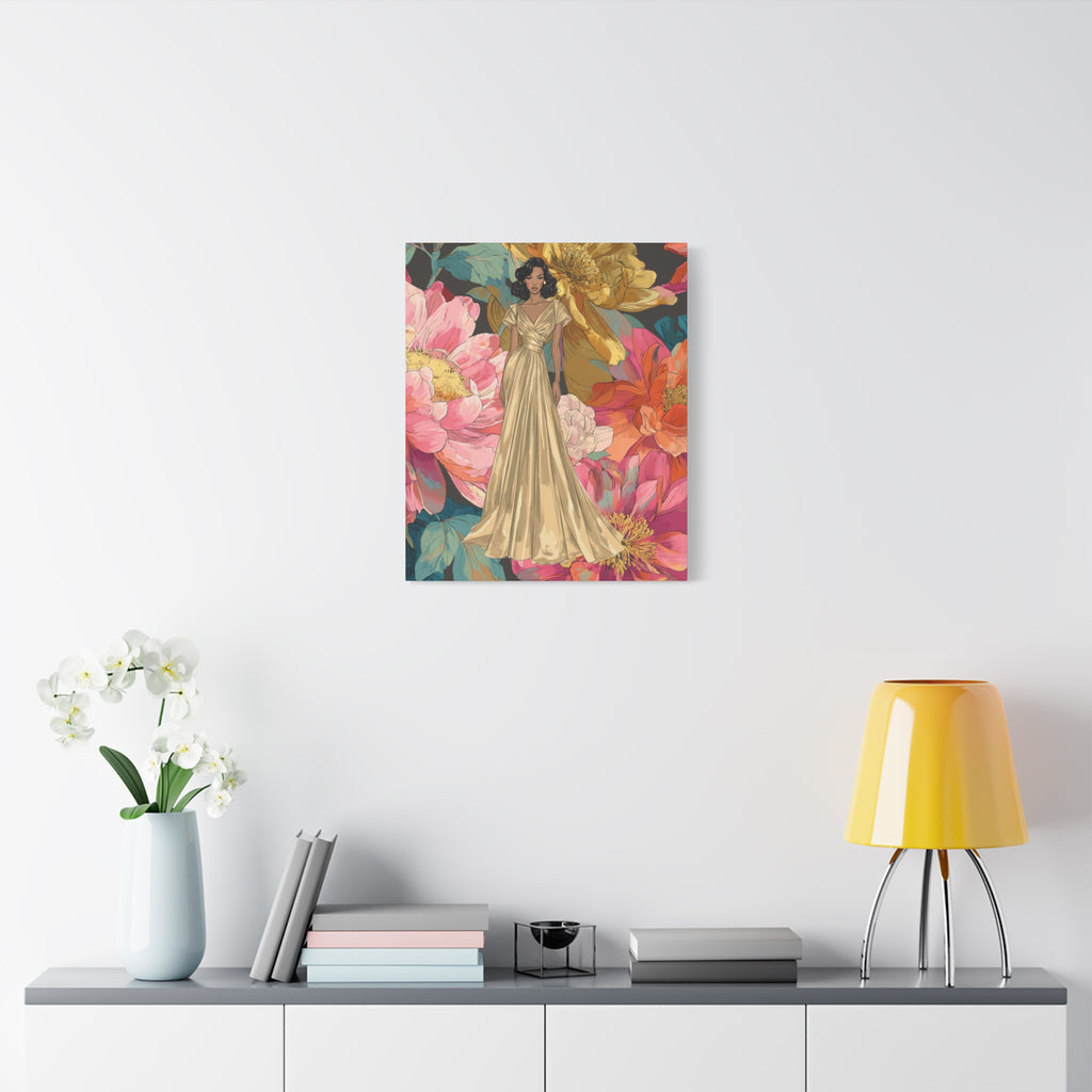 Vintage Lady Series No 2 - Woman in Gold Gown Canvas | Floral Illustration Matte Stretched