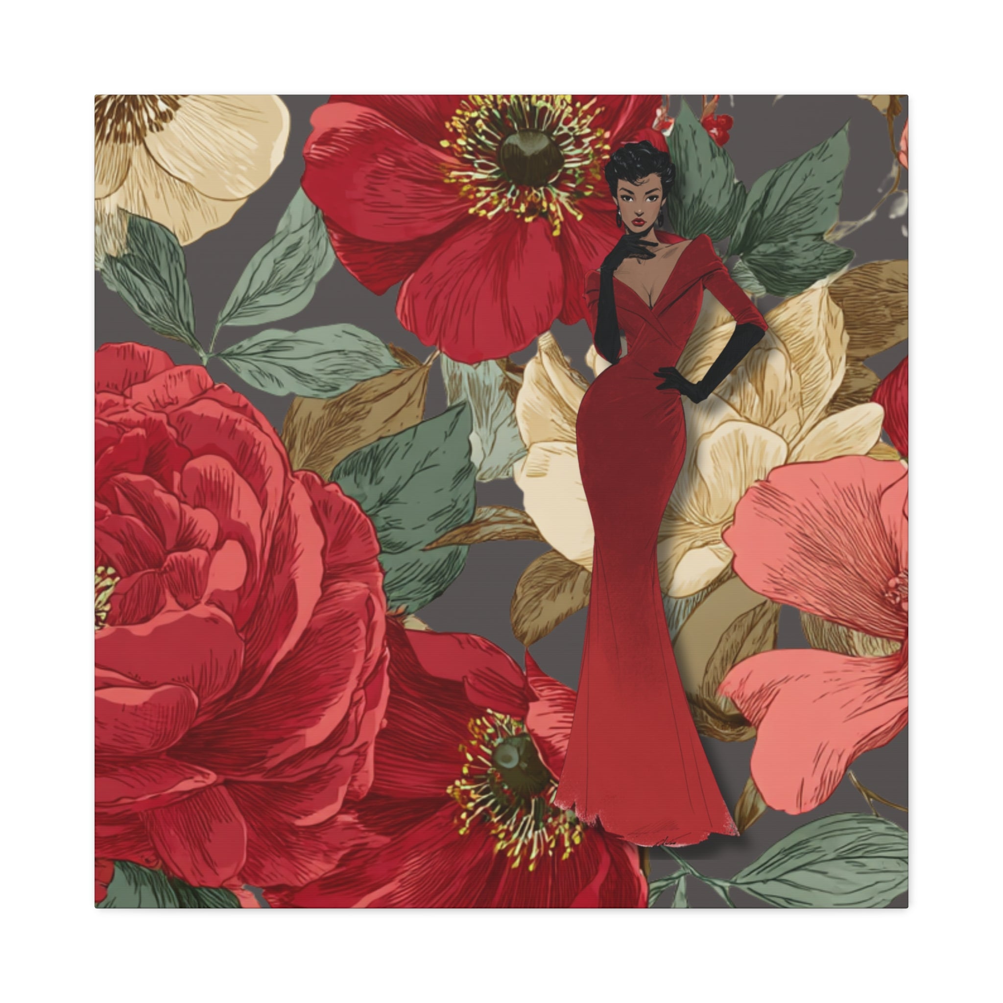 Vintage Lady Series No3 - Woman in Red Velvet Gown Canvas | Floral Illustration Matte Stretched
