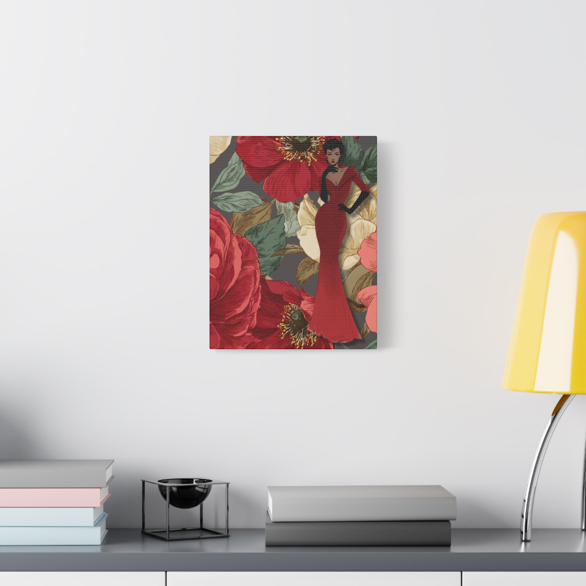 Vintage Lady Series No3 - Woman in Red Velvet Gown Canvas | Floral Illustration Matte Stretched