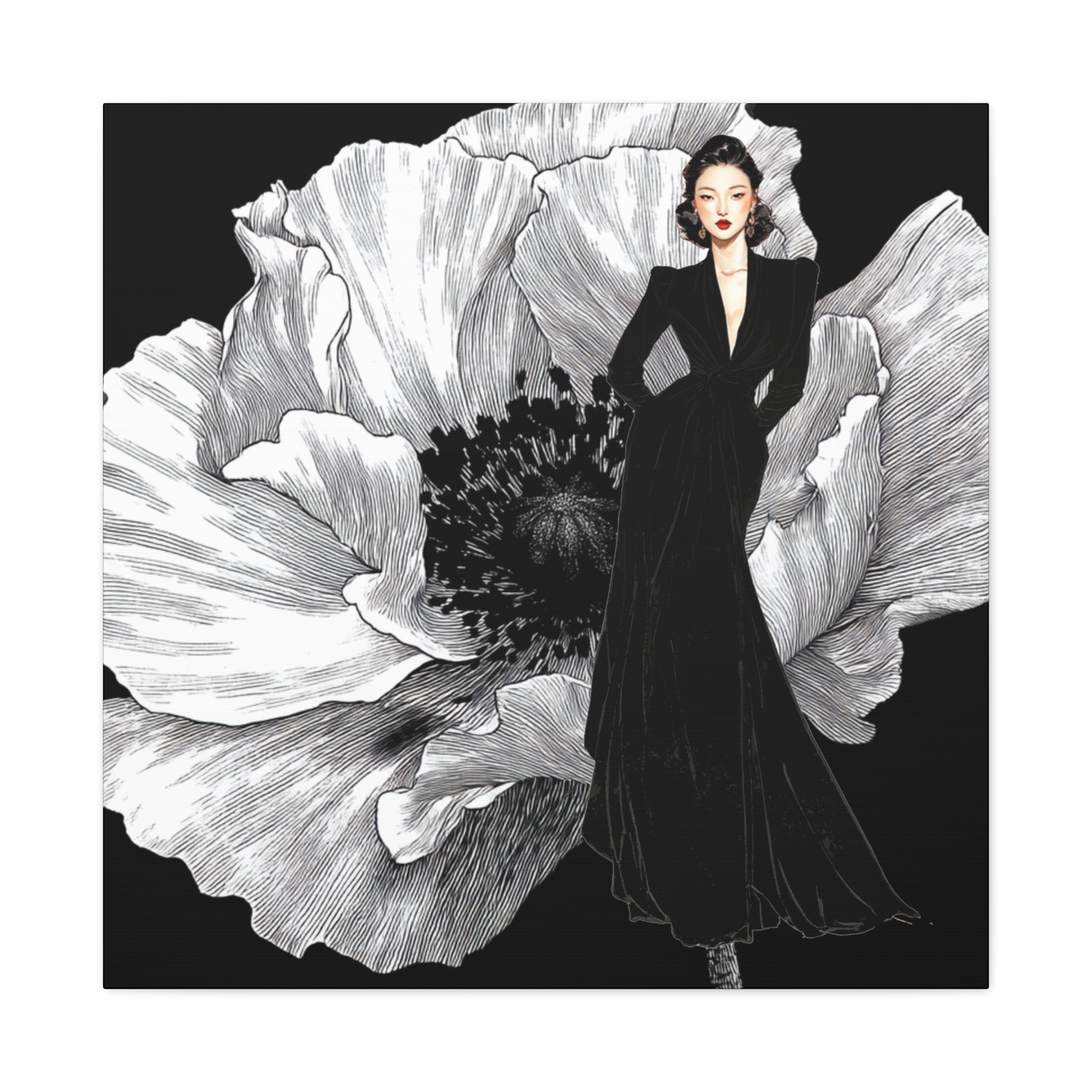 Vintage Lady Series No 6 - Elegant Woman in Black Velvet Gown on a Matte Canvas