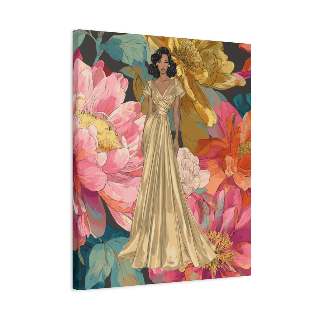 Vintage Lady Series No 2 - Woman in Gold Gown Canvas | Floral Illustration Matte Stretched