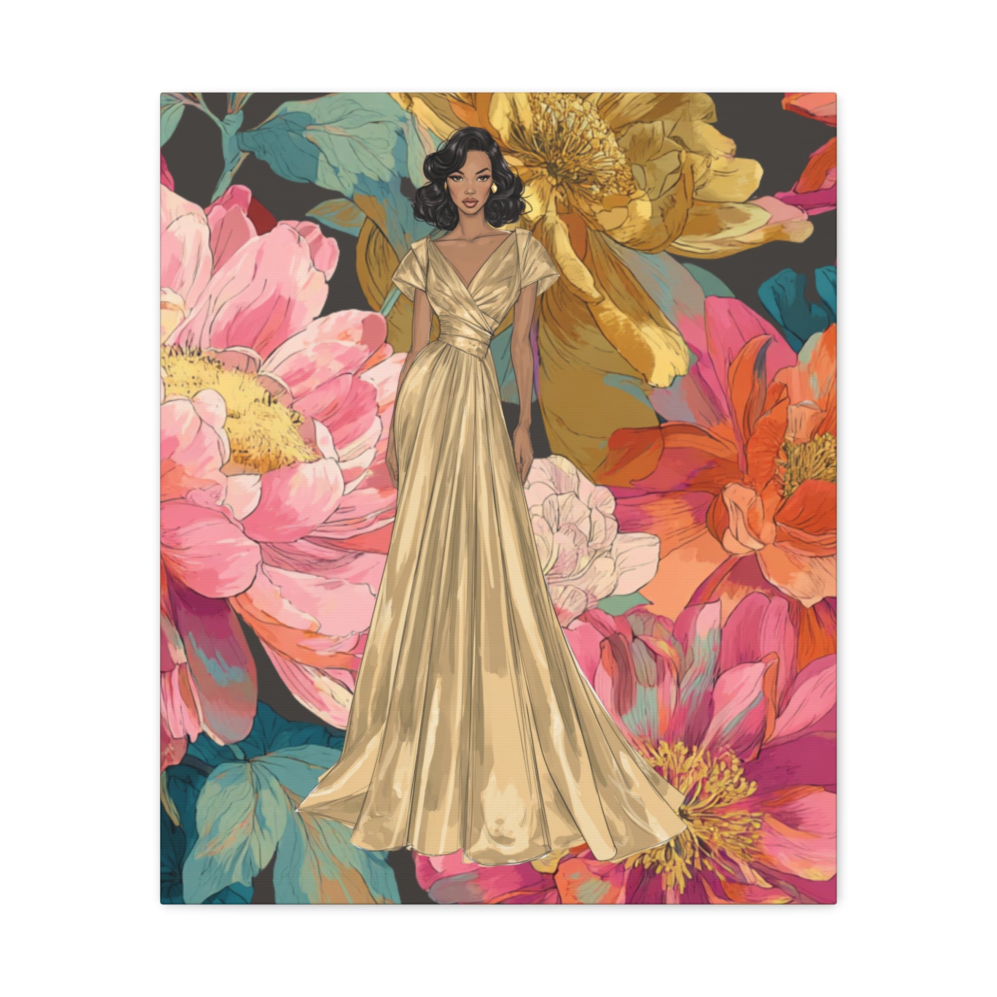 Vintage Lady Series No 2 - Woman in Gold Gown Canvas | Floral Illustration Matte Stretched