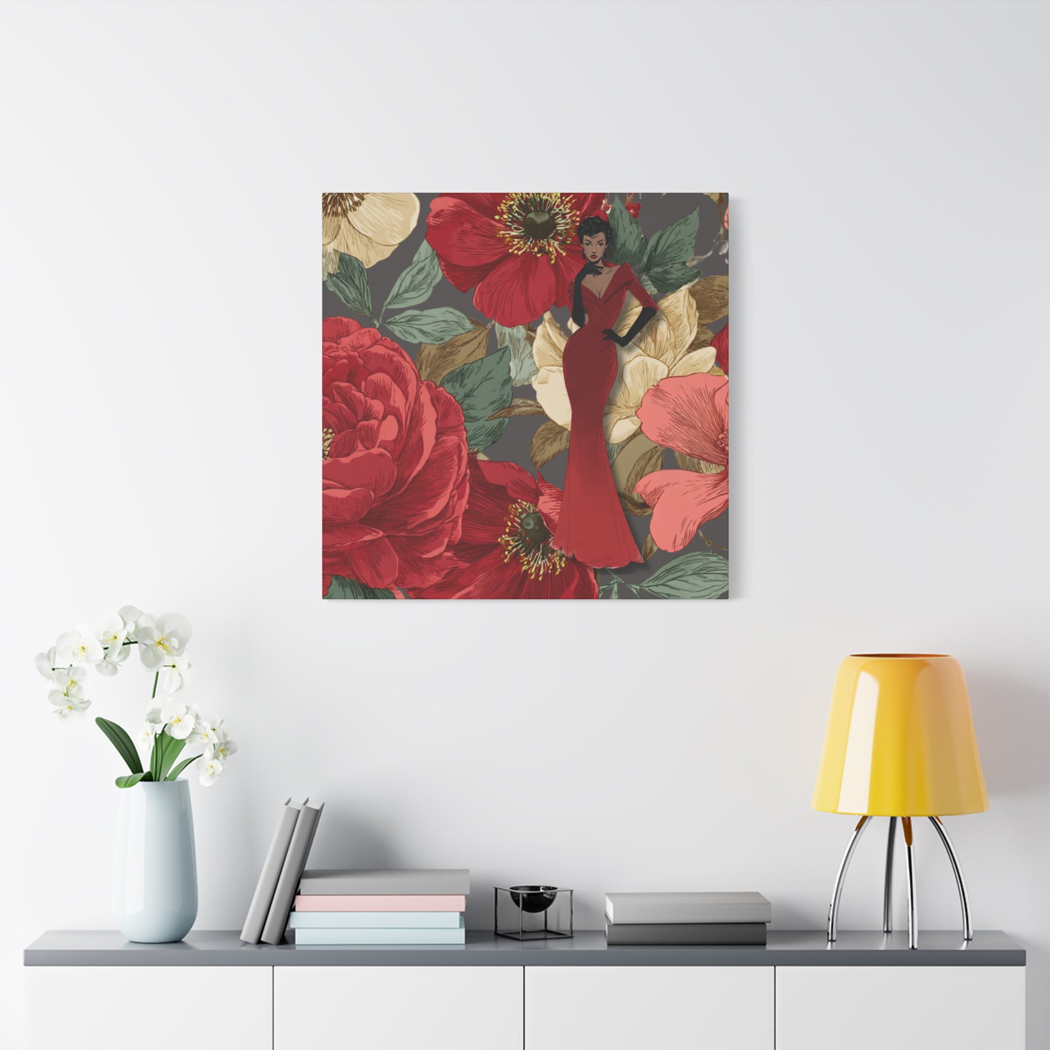 Vintage Lady Series No3 - Woman in Red Velvet Gown Canvas | Floral Illustration Matte Stretched