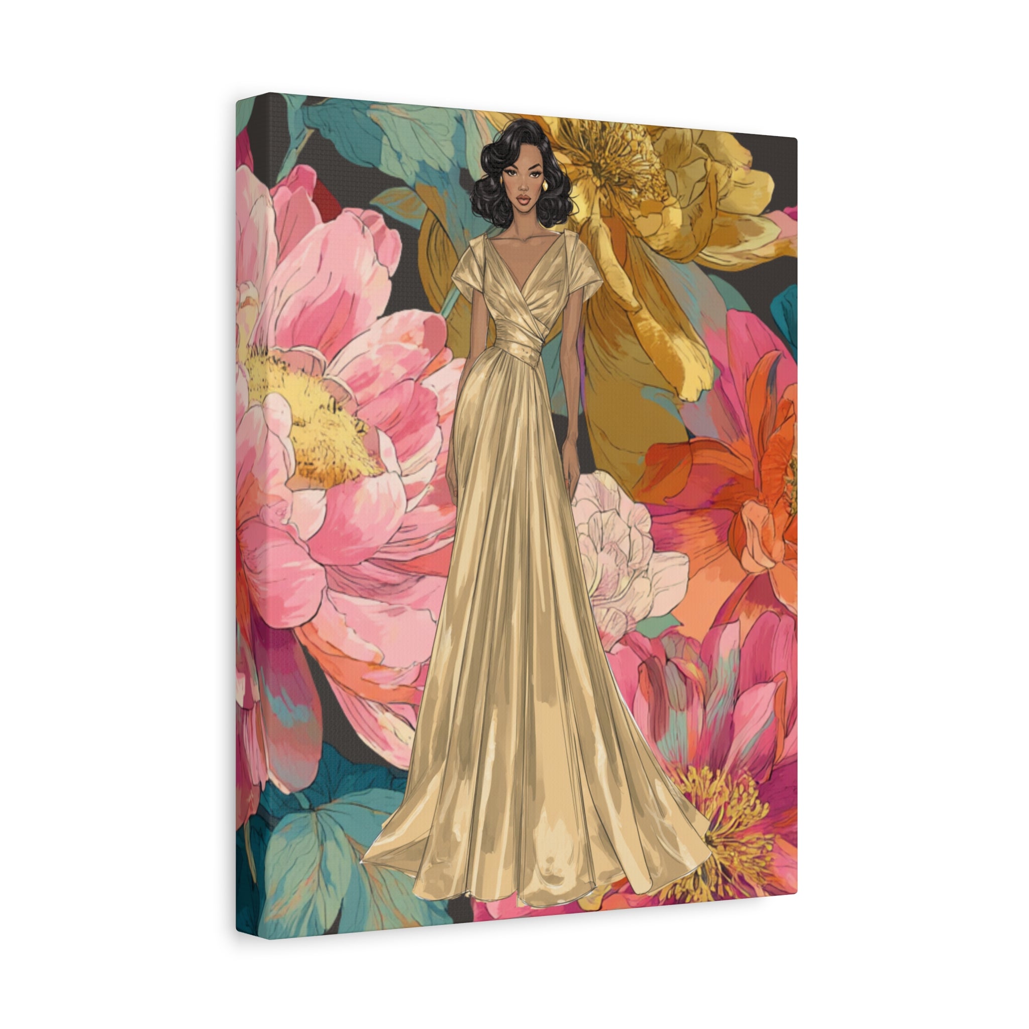 Vintage Lady Series No 2 - Woman in Gold Gown Canvas | Floral Illustration Matte Stretched