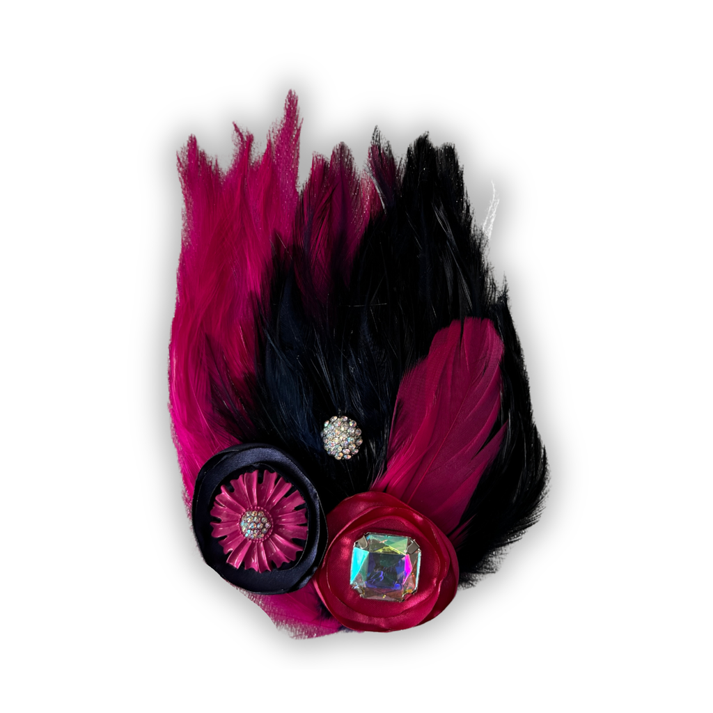 Double Feather Art Embellished Statement Pin in Navy & Fuschia
