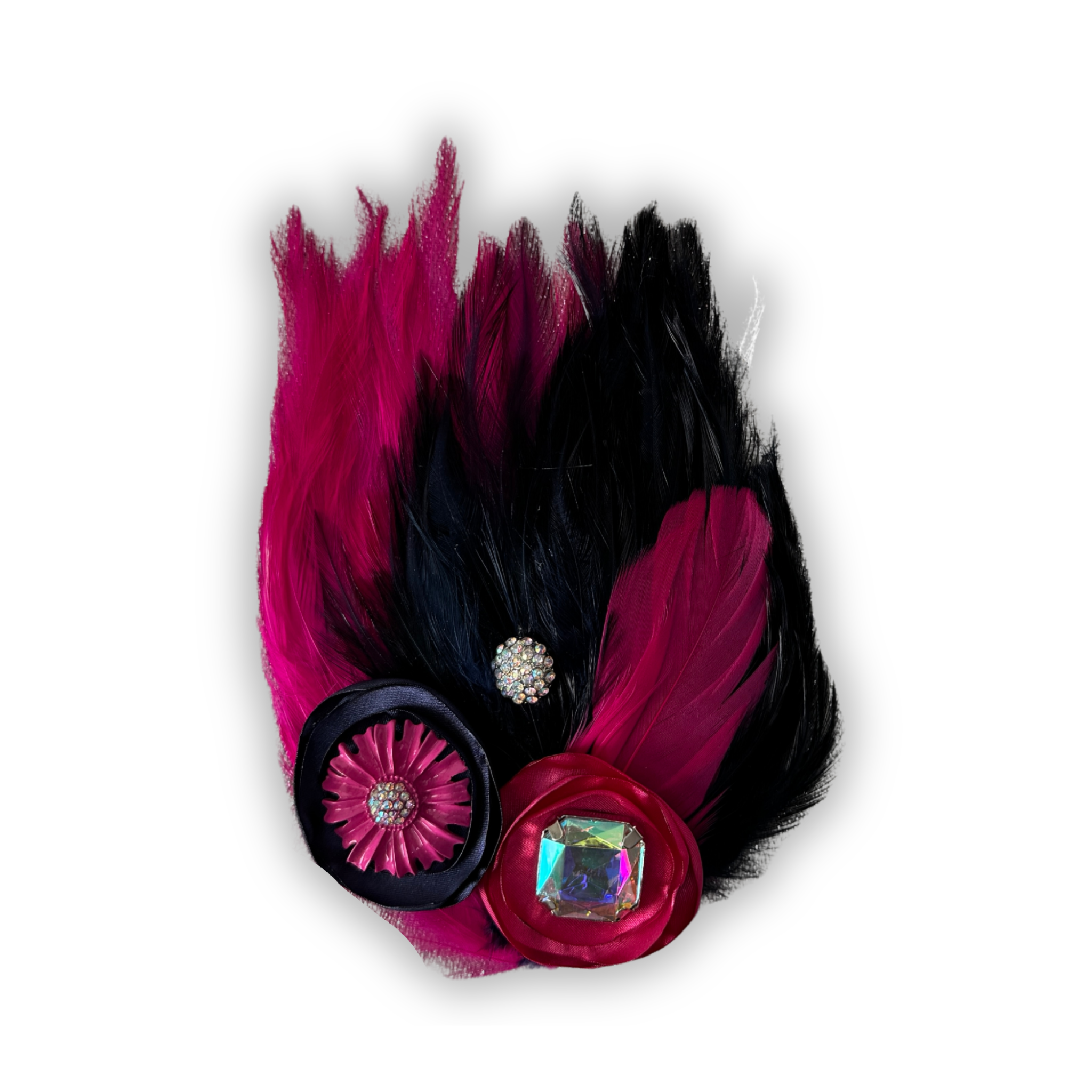 Double Feather Art Embellished Statement Pin in Navy & Fuschia