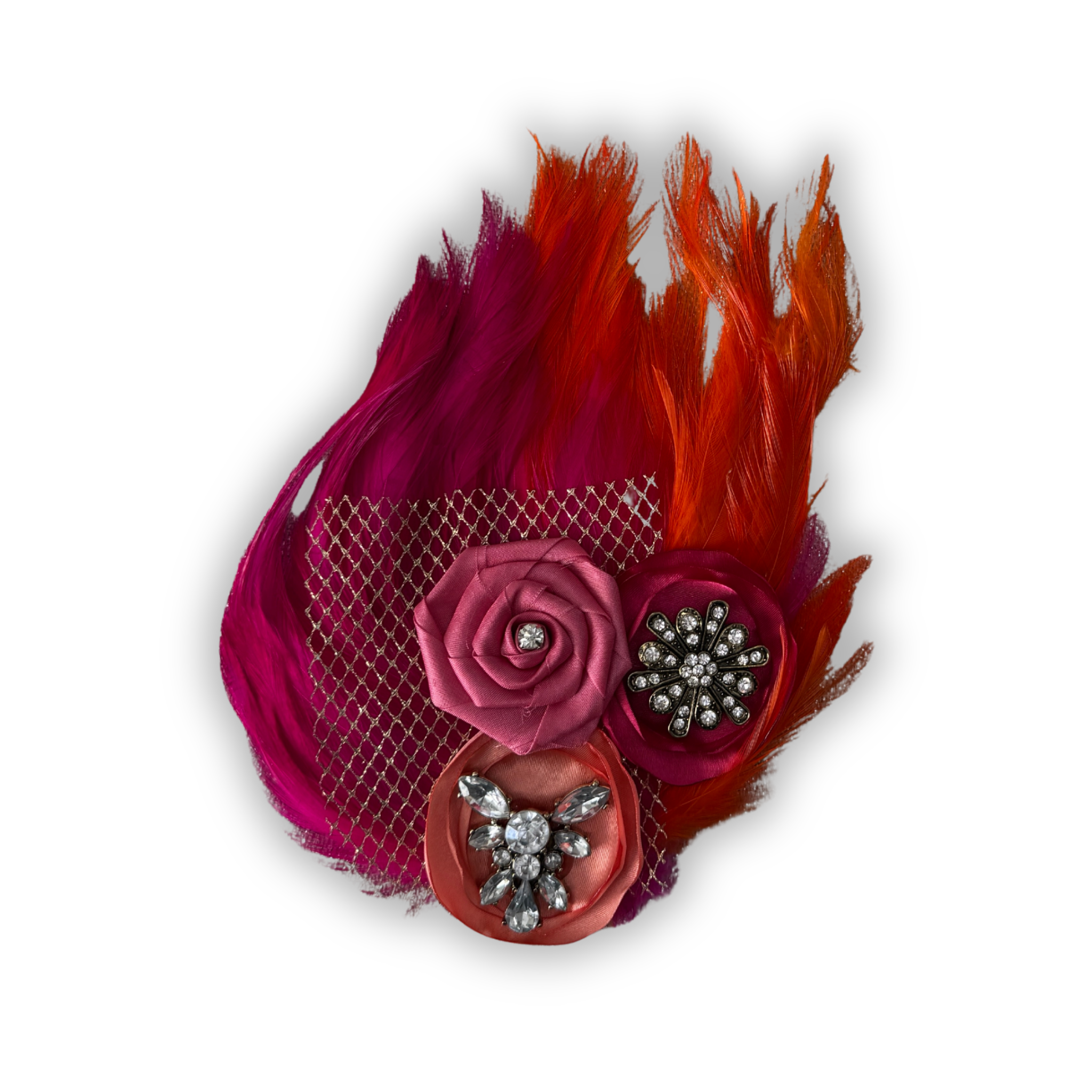 Double Feather Art Embellished Statement Pin in Fuschia & Orange