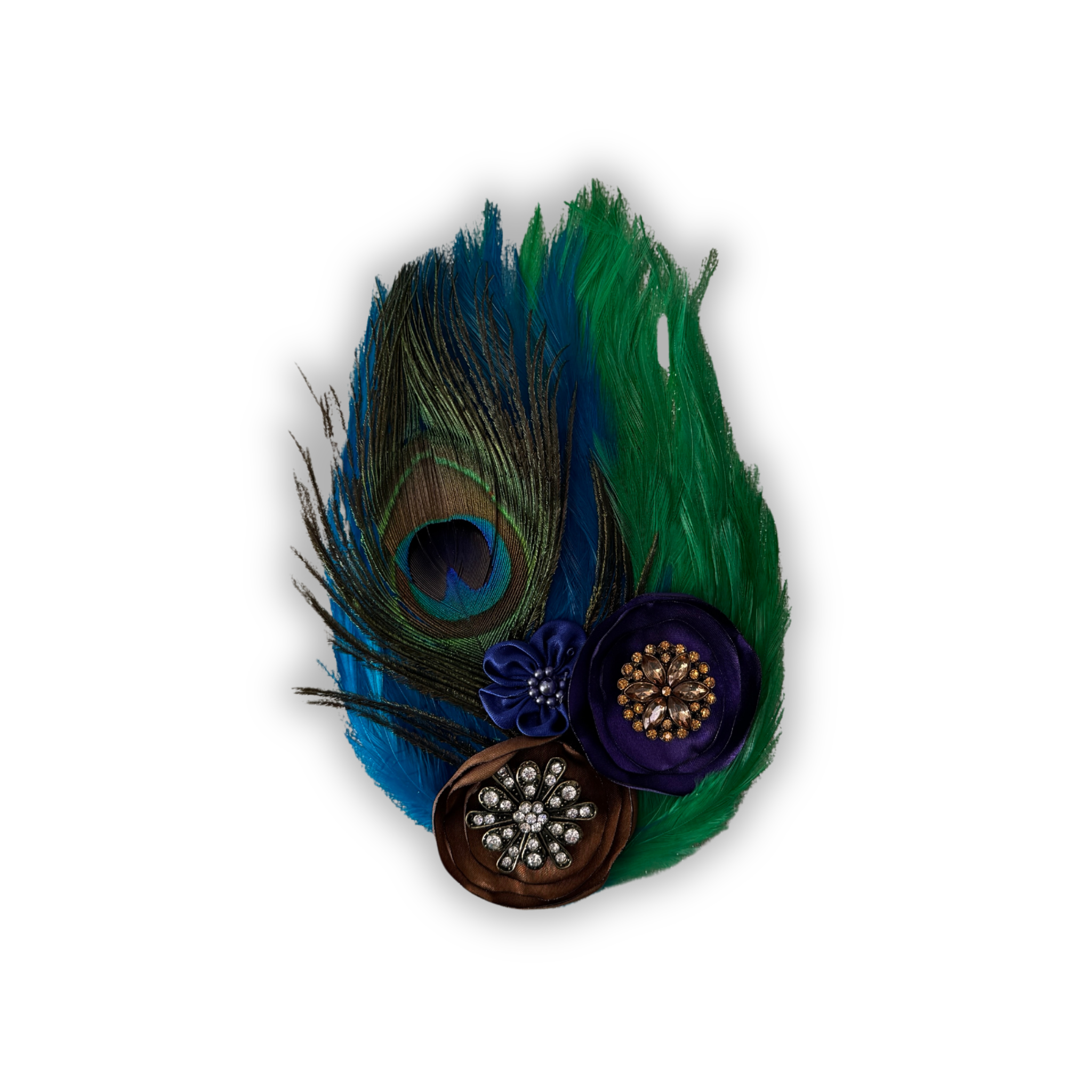 Double Feather Art Embellished Statement Pin in Peacock & Turquoise