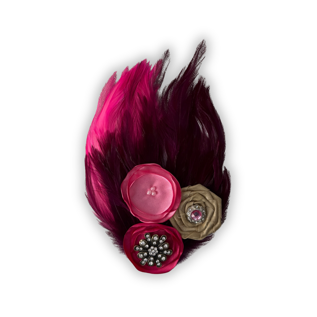 Feather Art Embellished Statement Pin in Shades of Pink, Wine, & Tan
