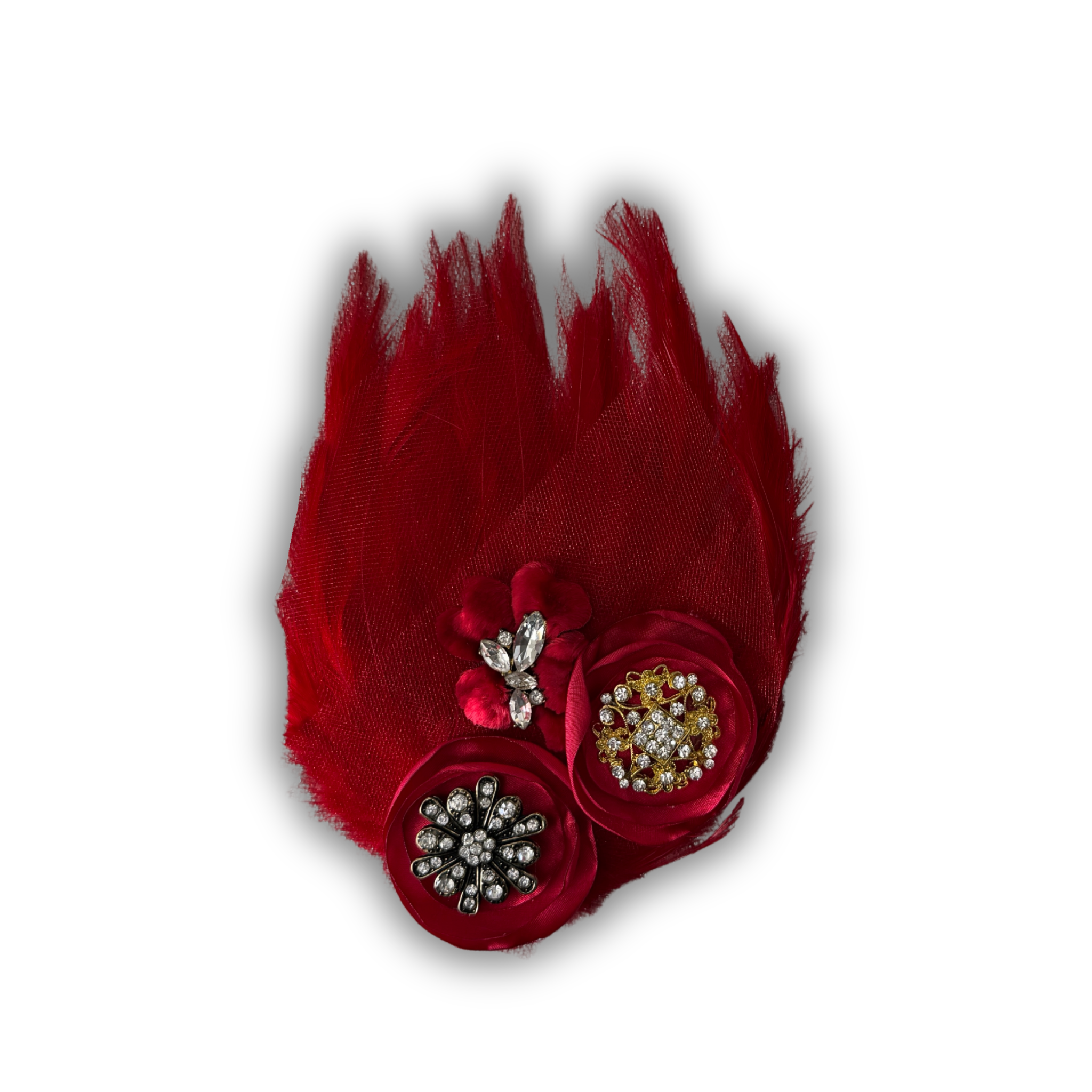 Double Feather Art Embellished Statement Pin in Red on Red