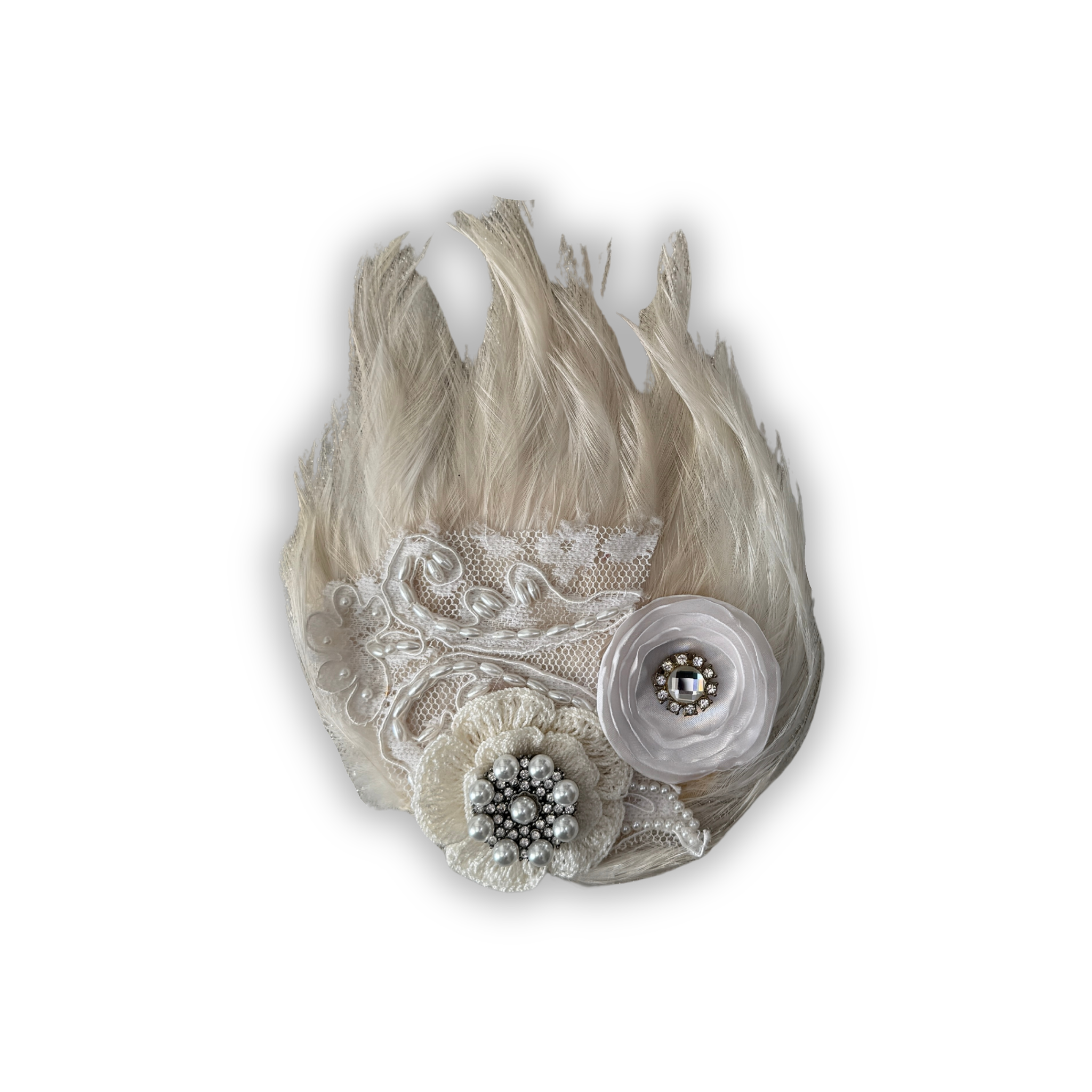 Double Feather Art Embellished Statement Pin in White