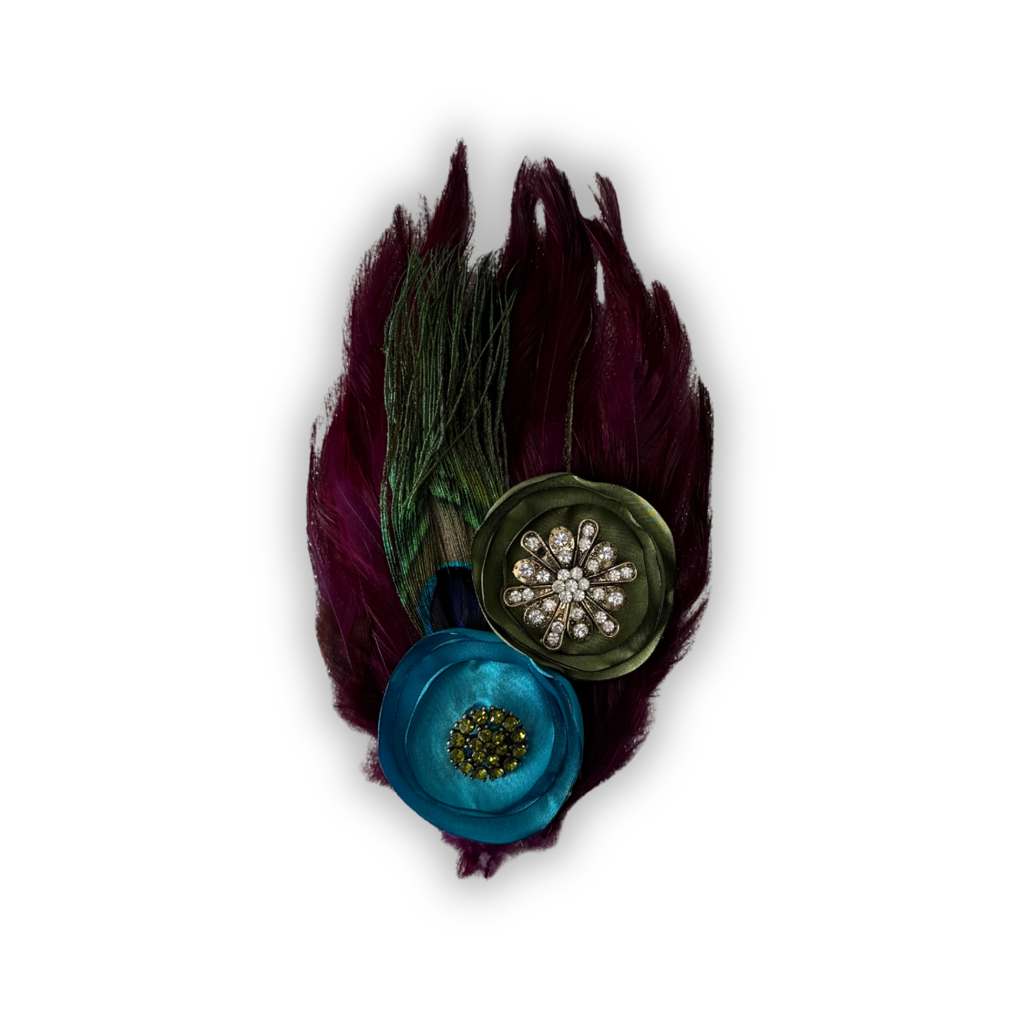 Feather Art Embellished Statement Pin in Wine, Peacock, & Olive