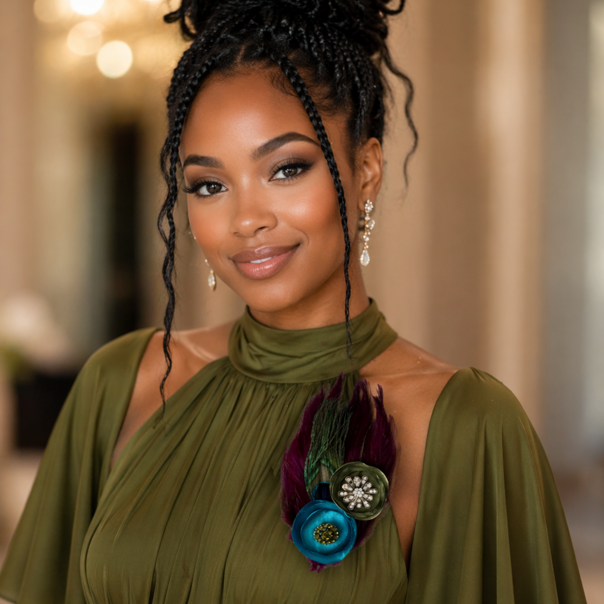 Feather Art Embellished Statement Pin in Wine, Peacock, & Olive