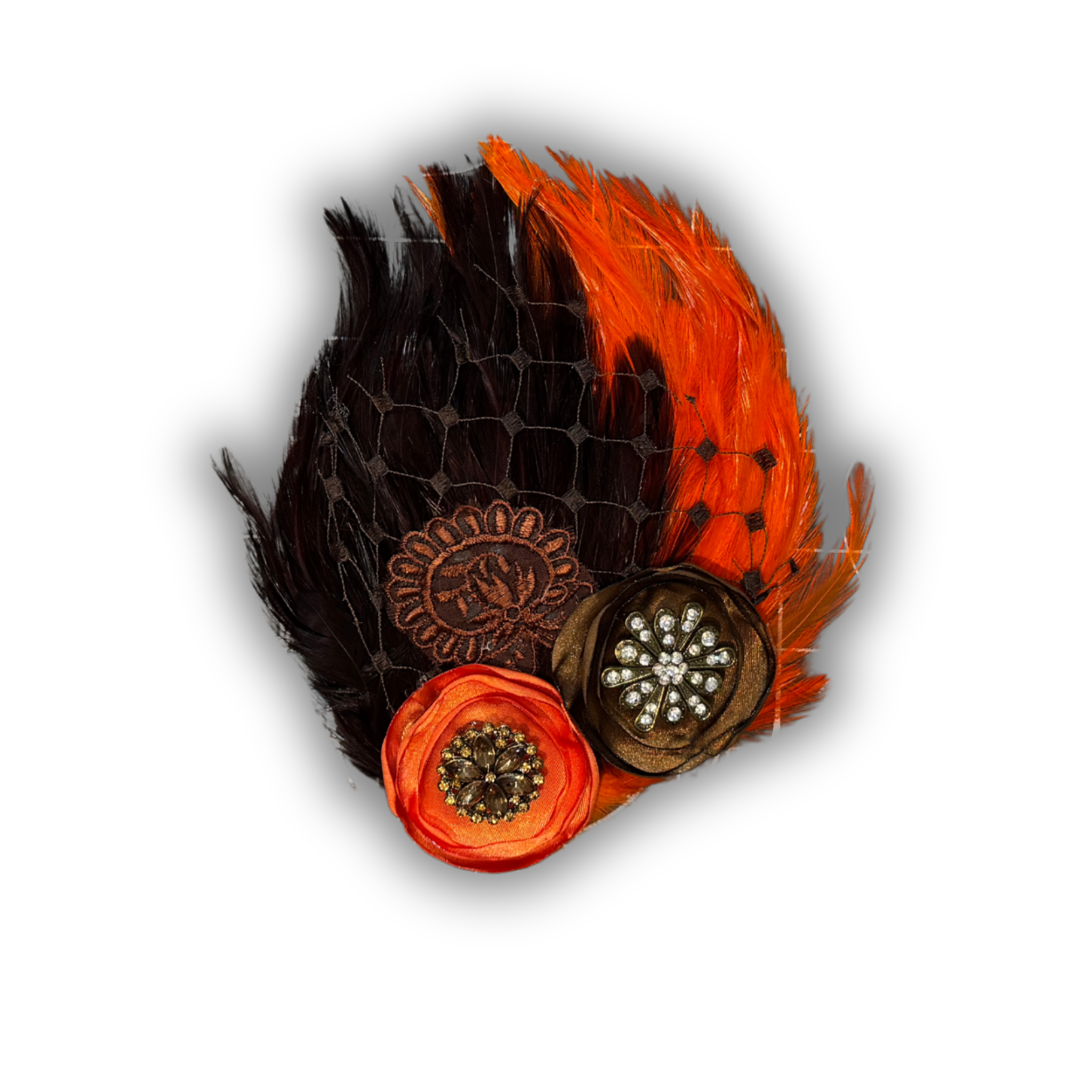 Double Feather Art Embellished Statement Pin in Burnt Orange & Chocolate