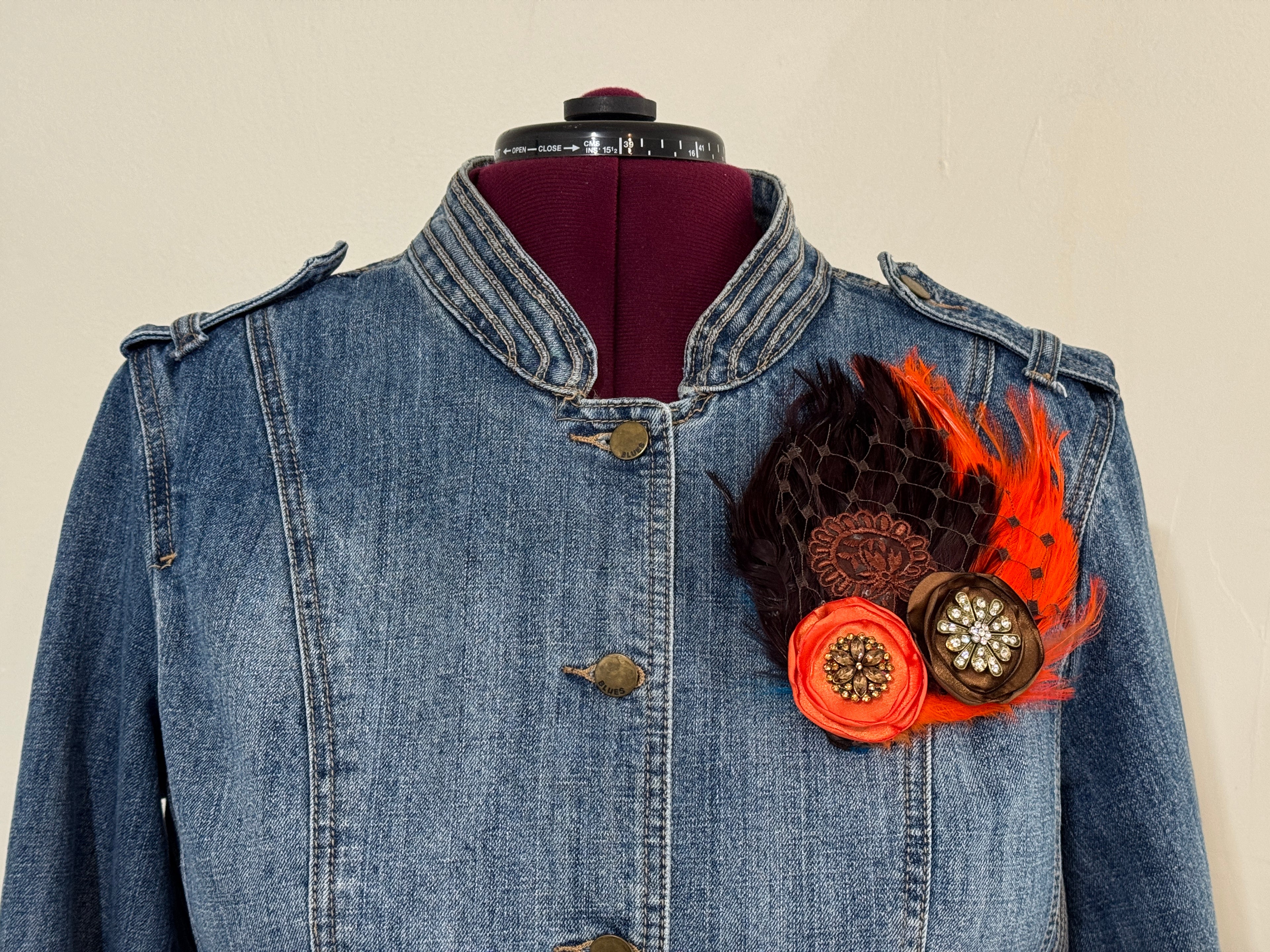 Double Feather Art Embellished Statement Pin in Burnt Orange & Chocolate