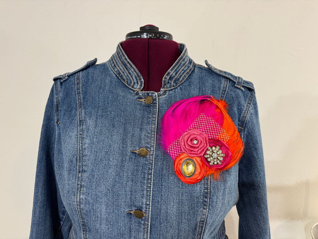 Double Feather Art Embellished Statement Pin in Fuschia & Orange