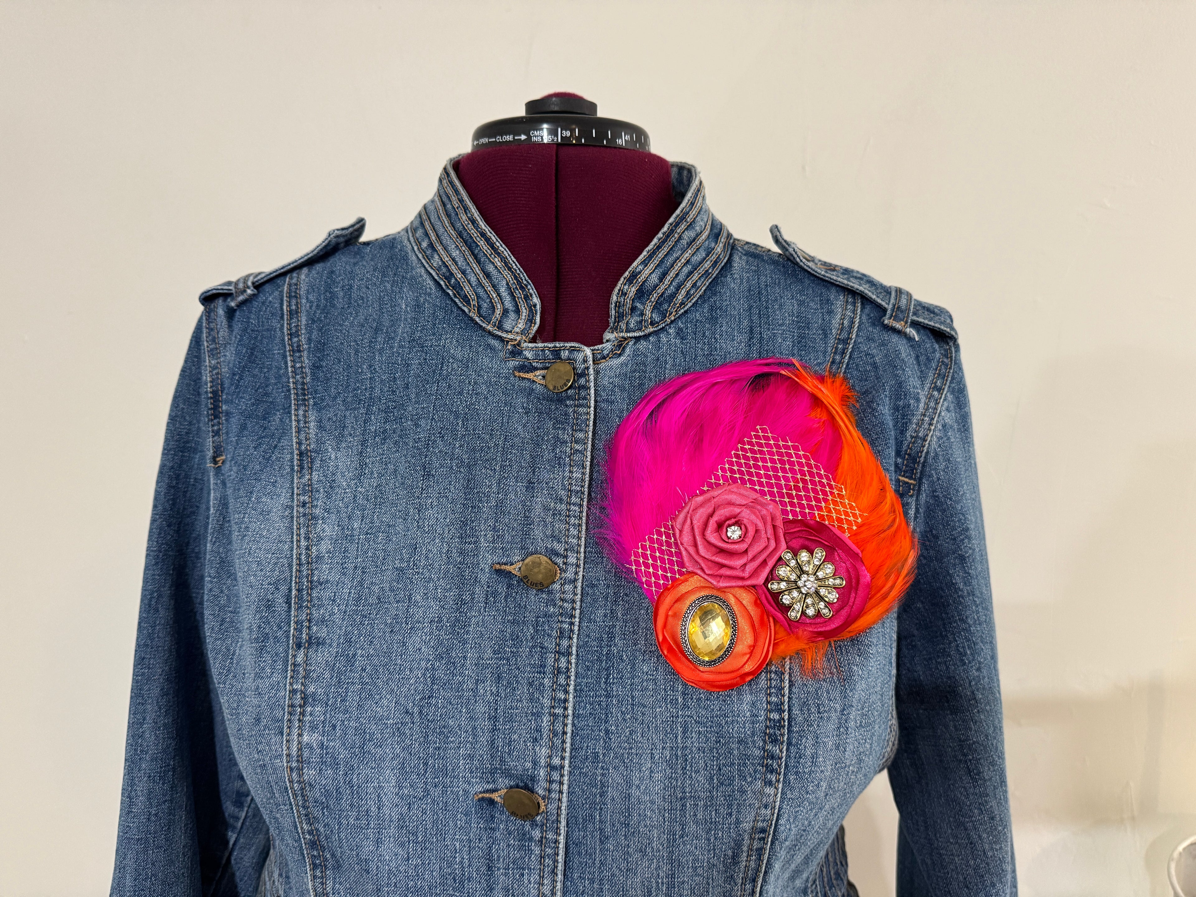 Double Feather Art Embellished Statement Pin in Fuschia & Orange