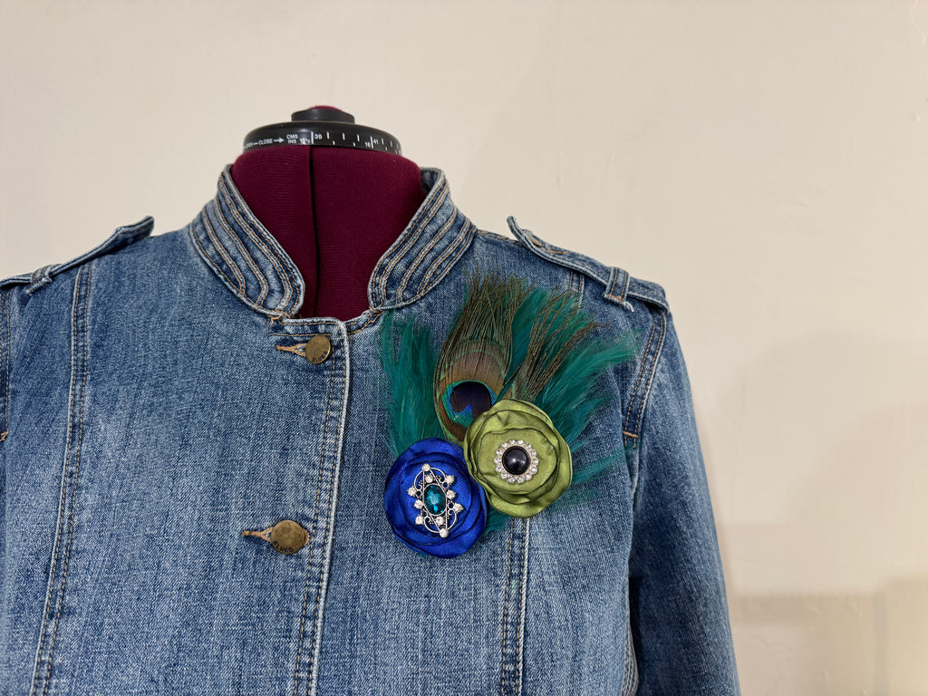 Feather Art Embellished Statement Pin in Forest Green, Royal Blue, & Peacock