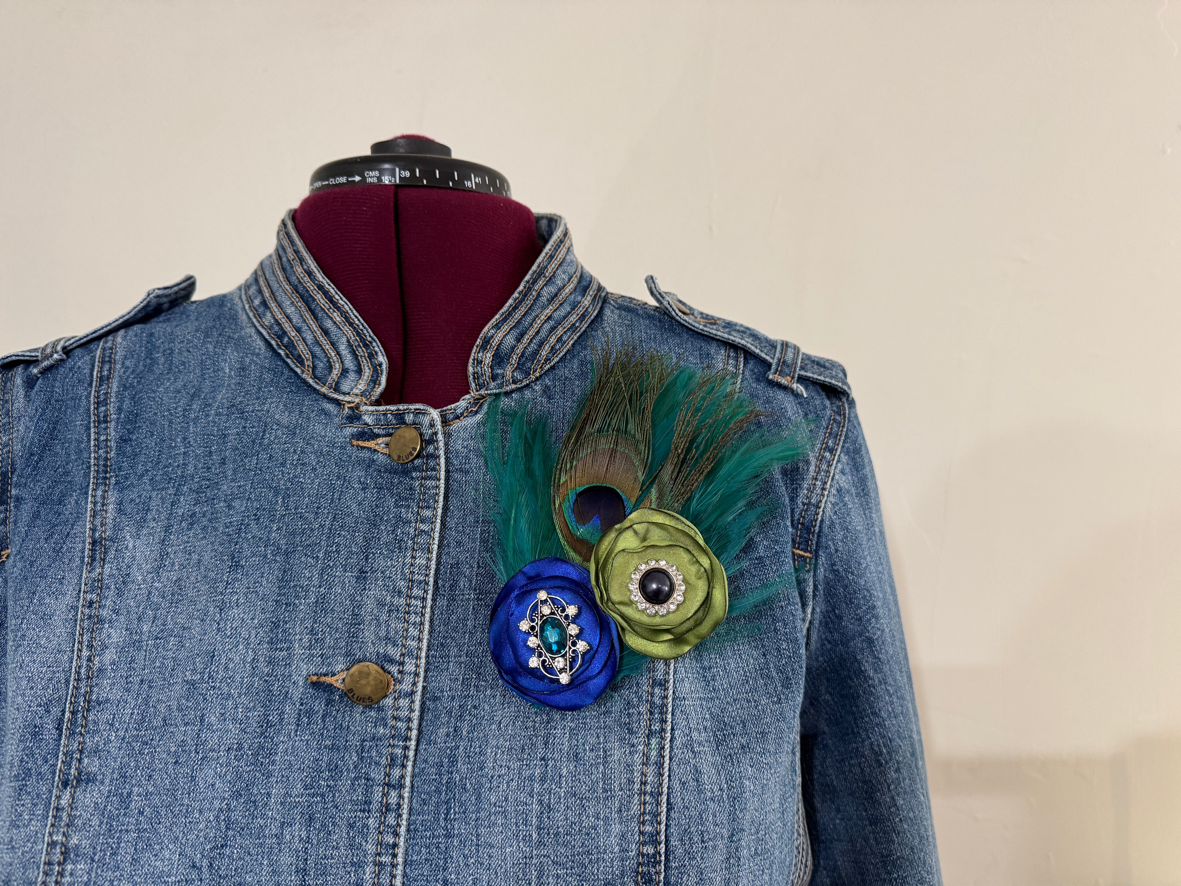 Feather Art Embellished Statement Pin in Forest Green, Royal Blue, & Peacock