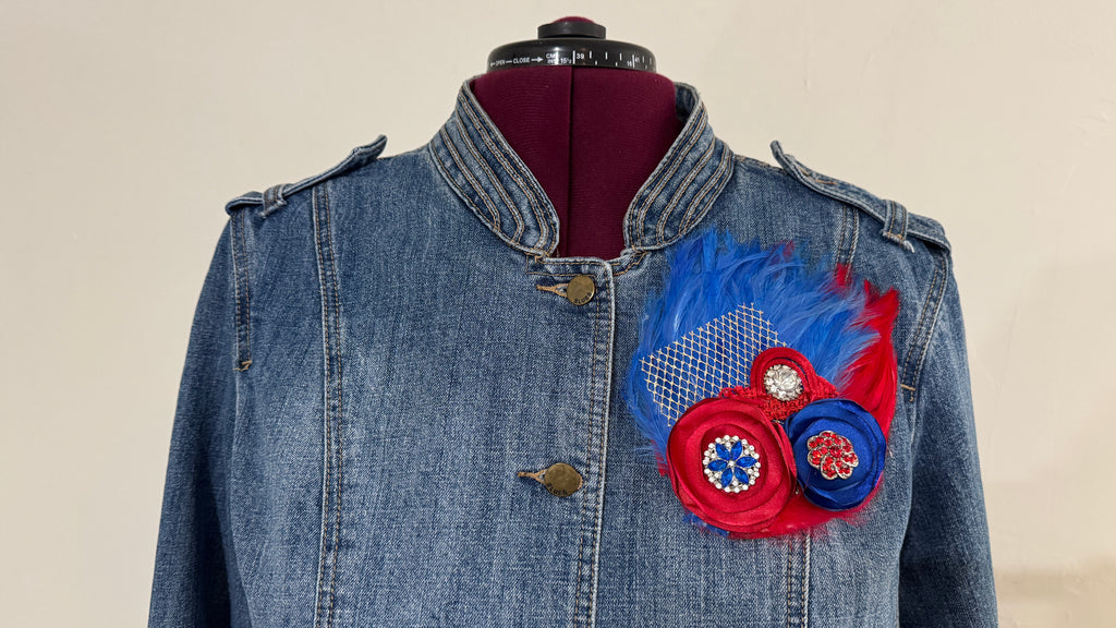 Double Feather Art Embellished Statement Pin in Red & Blue