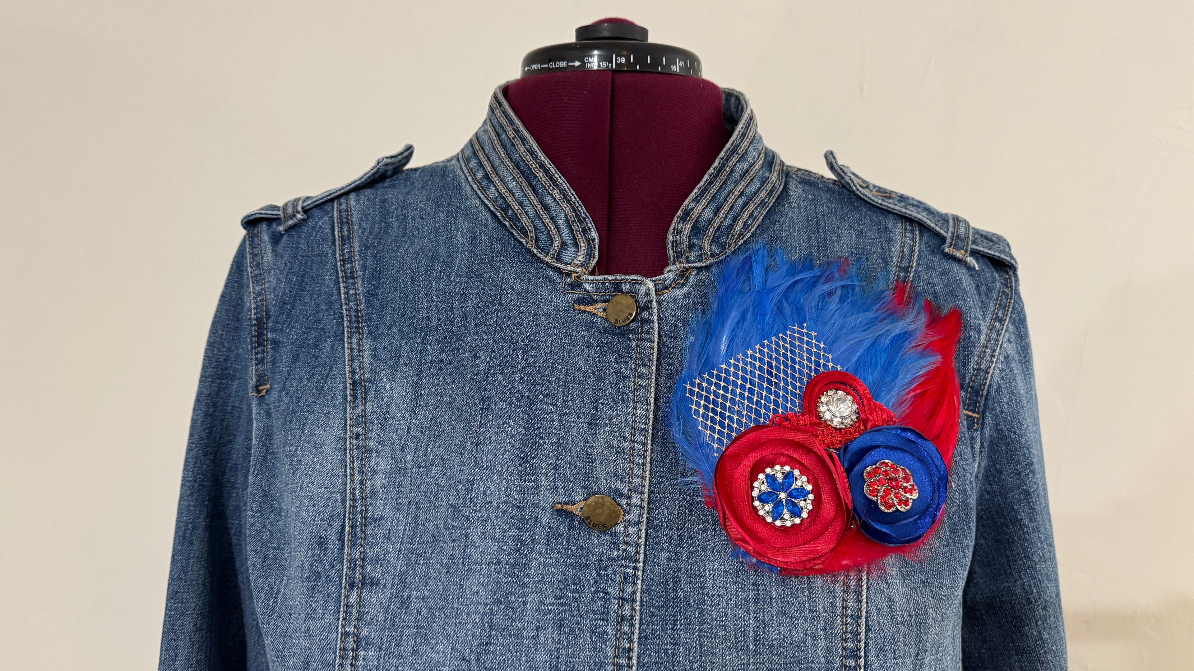 Double Feather Art Embellished Statement Pin in Red & Blue