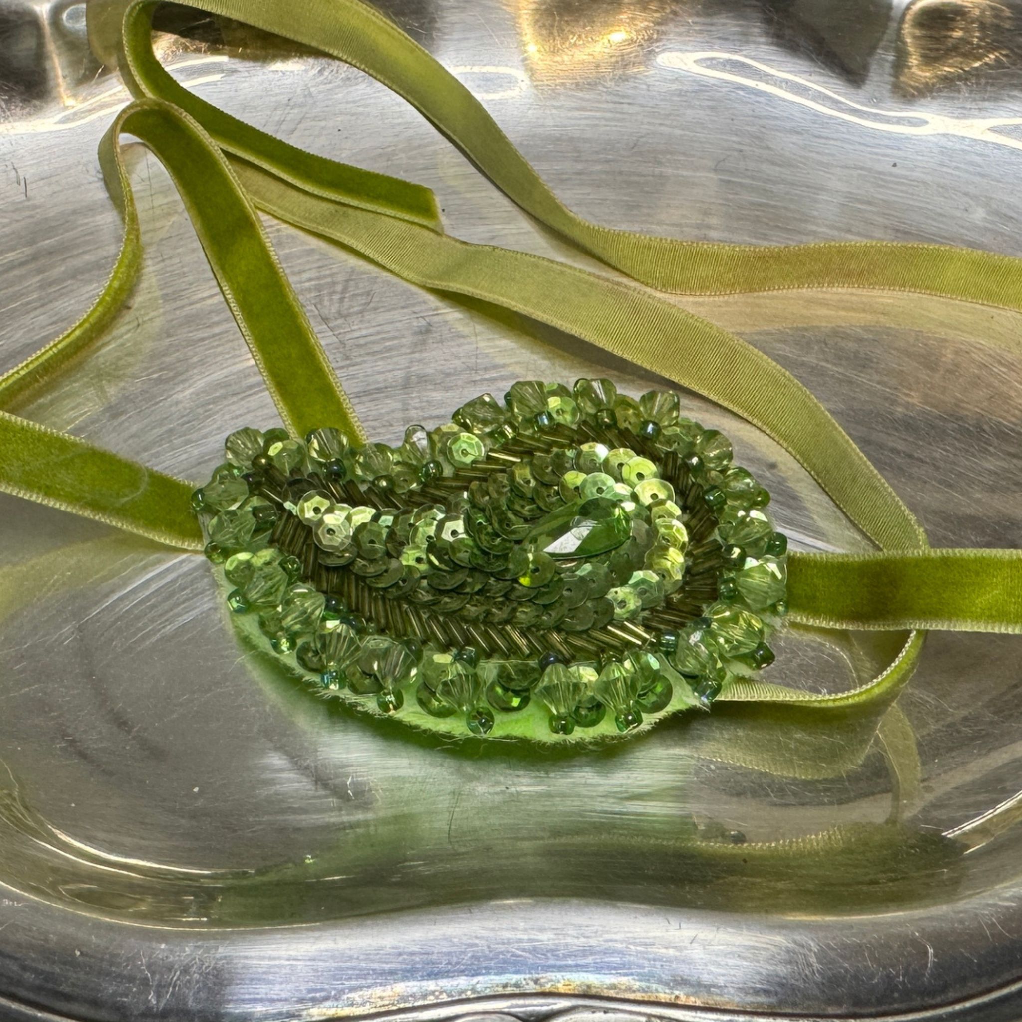 Velvet Rope Hair Accessory - Green Crystal on Lime Velvet